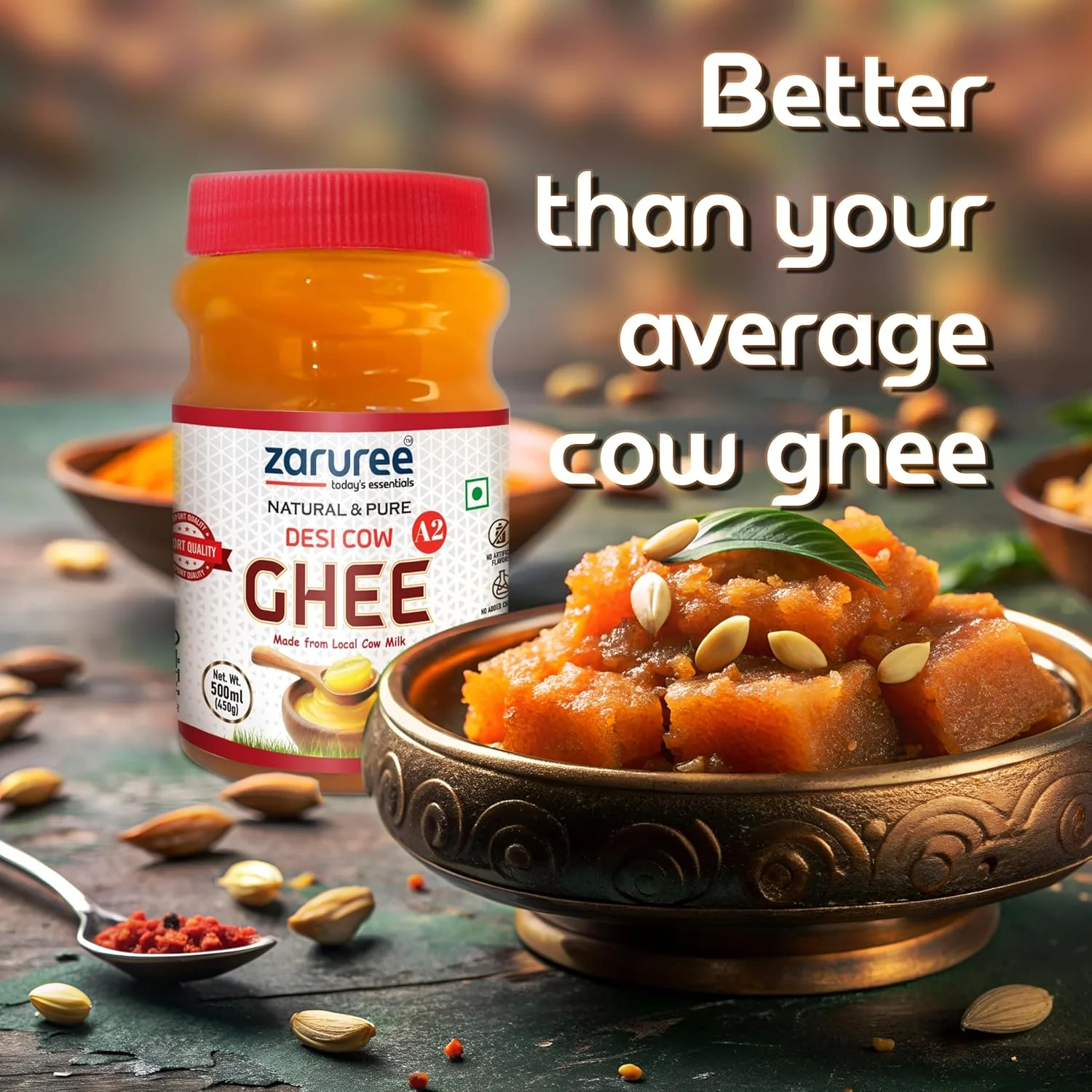 Pure A2 Desi Cow Ghee By Zaruree | Rich In Vitamins A, D & K Healthy Nutrients Malnad Gidda Breed Cow Desi Ghee For Overall Health | (500ml) 16.9 Ounce | Jar Pack - Image 4