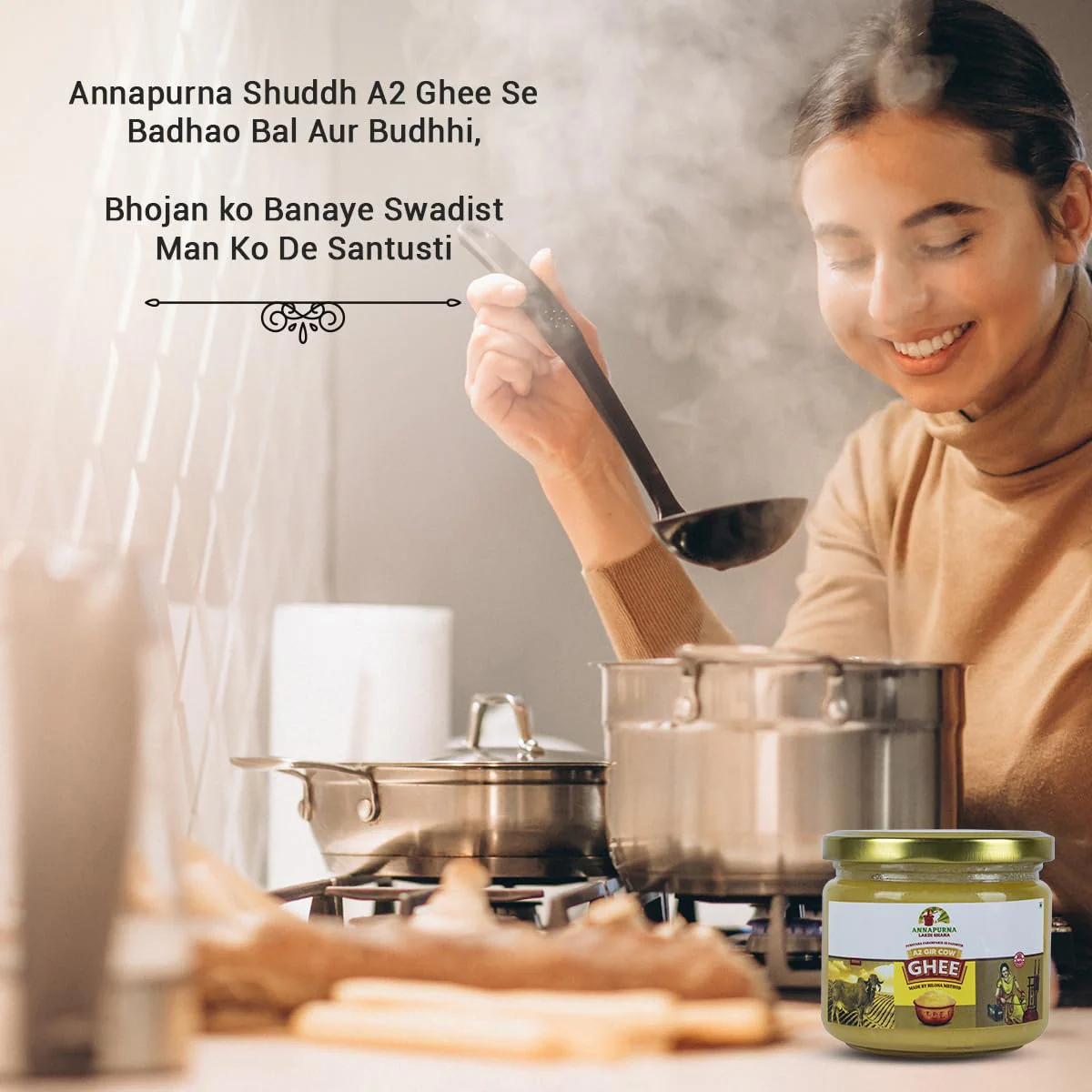 Pure A2 Desi Ghee By Annapurna Lakdi Ghana | High In Protein Fiber & Nutrients Healthy Desi Ghee Good For Taste | (300ml) 10.1 Ounce | Jar Pack - Image 5