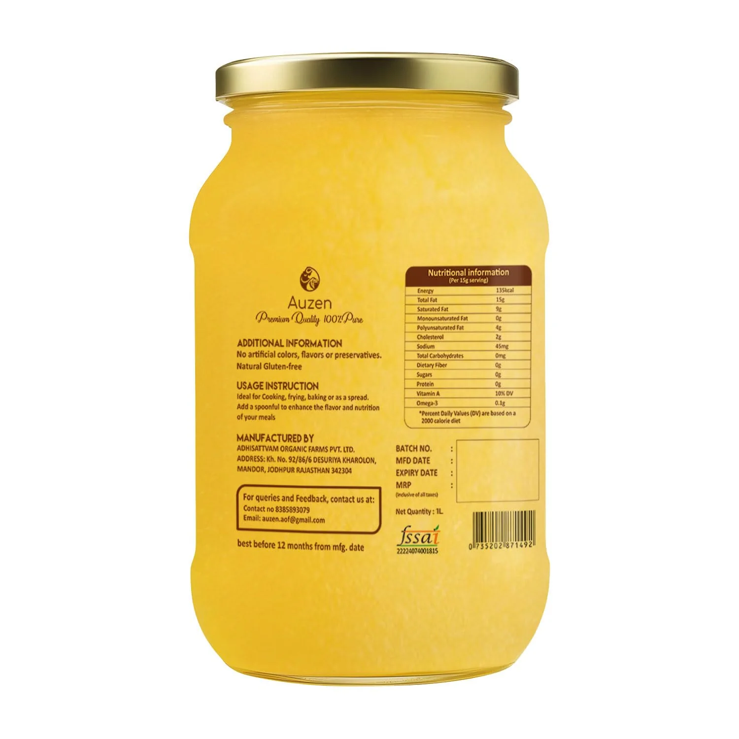 Pure Natural A2 Cow Ghee By Auzen | Rich In Nutrient, Delicious Healthy Desi Cow Ghee Good For Frying & Baking | (1 Litr) 33.8 Ounce | Jar Pack - Image 5