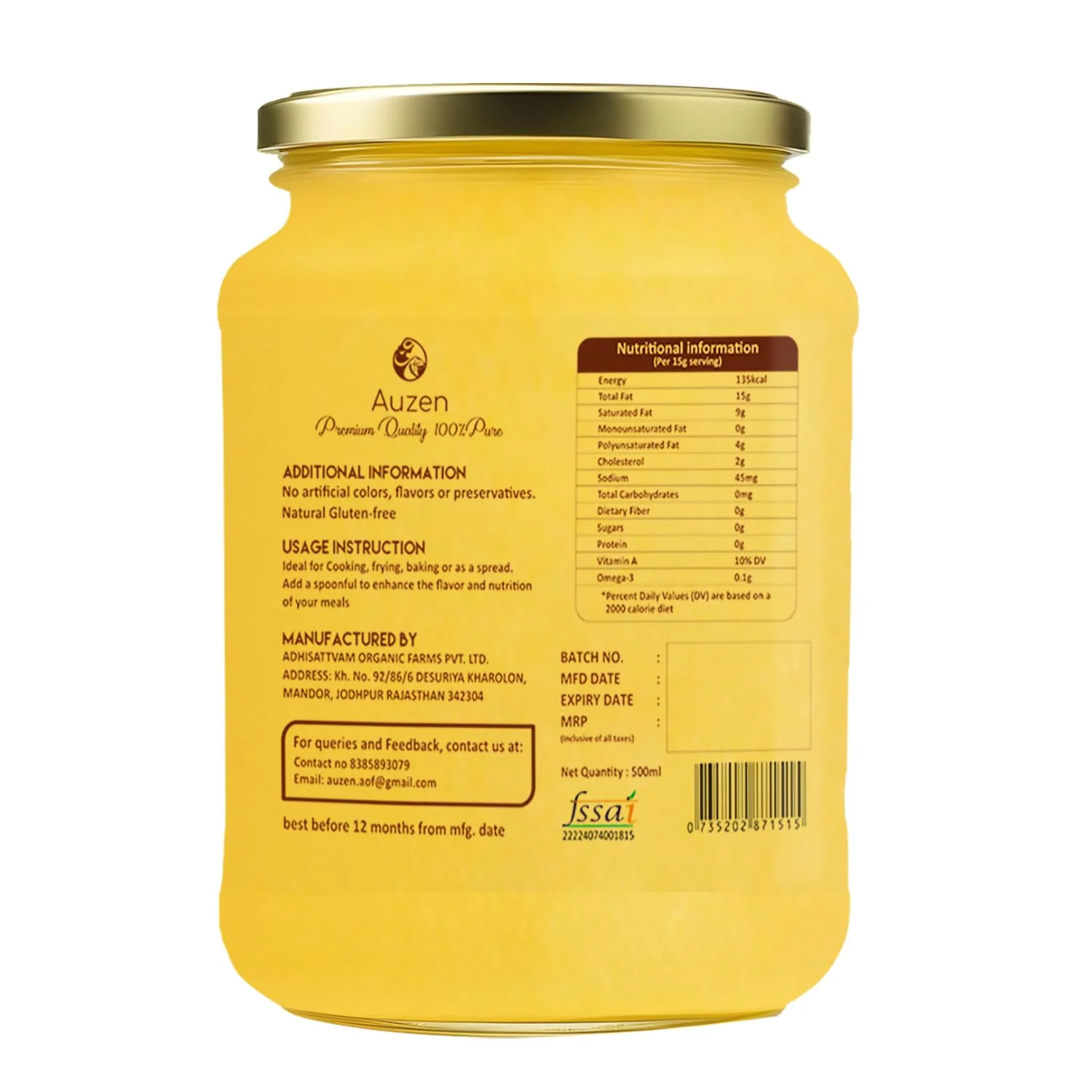 Pure Natural A2 Cow Ghee By Auzen | Rich In Nutrient, Delicious Healthy Desi Cow Ghee Good For Overall Health | (500ml) 16.9 Ounce | Jar Pack - Image 2