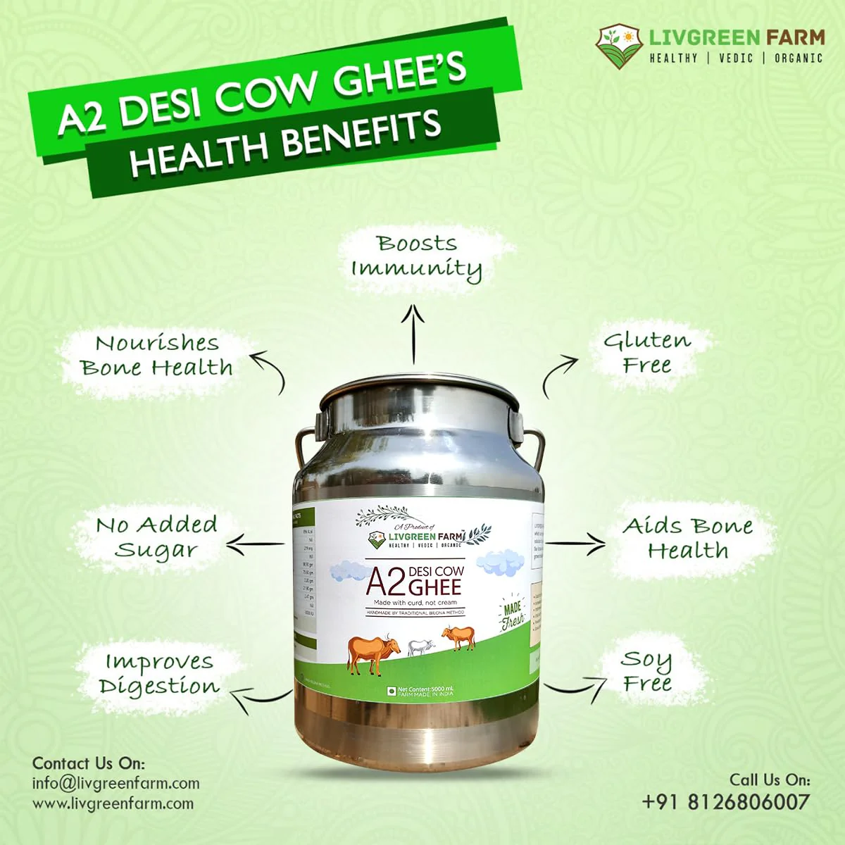 Pure Natural A2 Desi Cow Ghee By Livgreen Farm | Rich In Nutrients & Healthy Bilona Method Pure Desi Ghee Good For Cooking | (5 Litre) 169.0 Ounce | Steel Jar - Image 3
