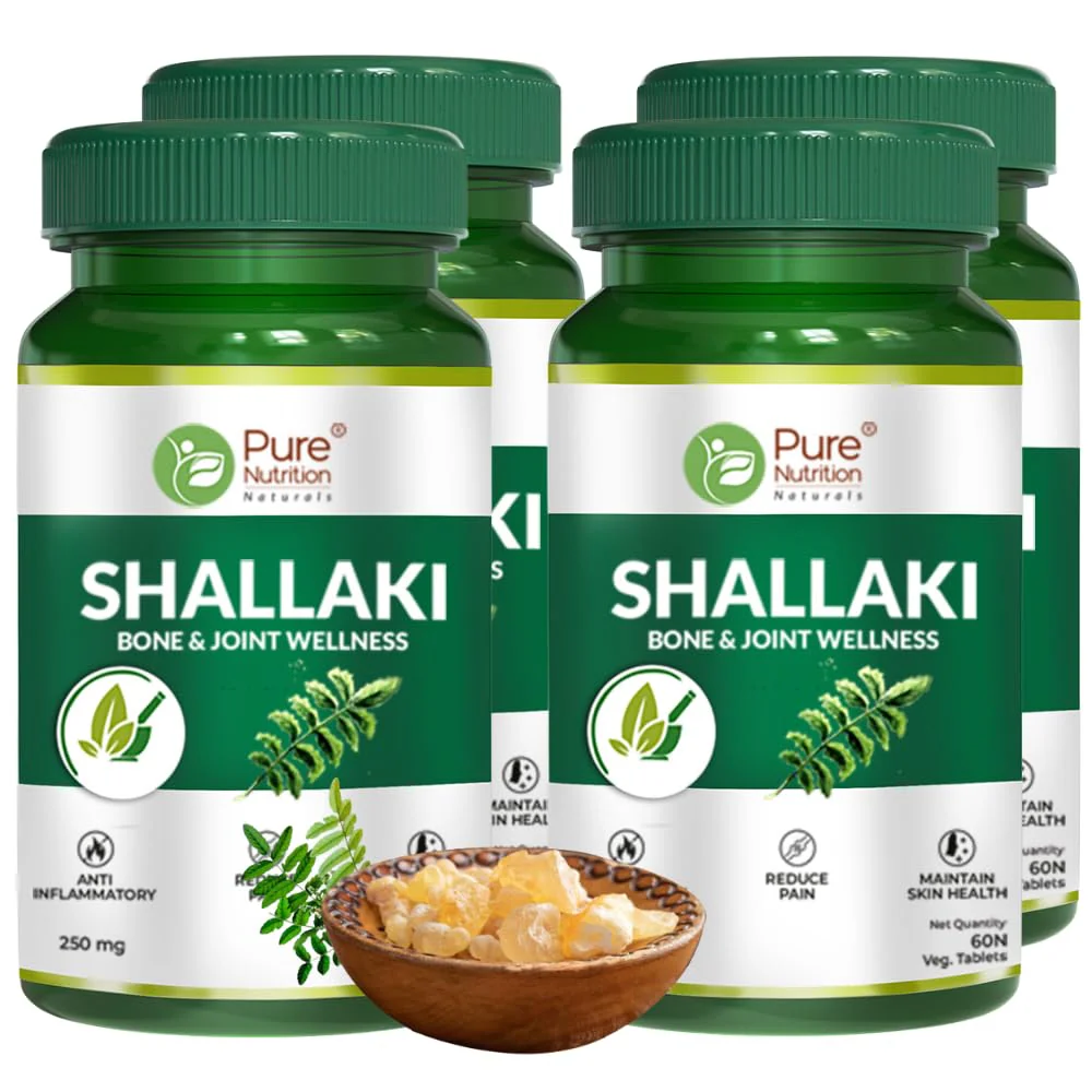 Pure Nutrition Shallaki Boswellia Serrata 250mg, Bone & Joint Health, Stiffness, Arthritis, Reduces Pain & Inflammation, Helps Improve Mobility | 60 Tablets 100gm 0.2lbs Each Pack Of 4