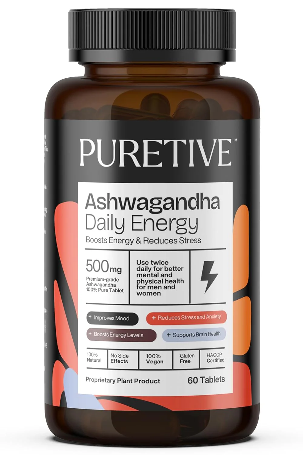Puretive Ashwagandha 500mg General Wellness Tablets Helps Release Stress, Rejuvenates Mind & Body, Extra Strength Natural Formulation | 60 Tablets 100gm 0.2lbs