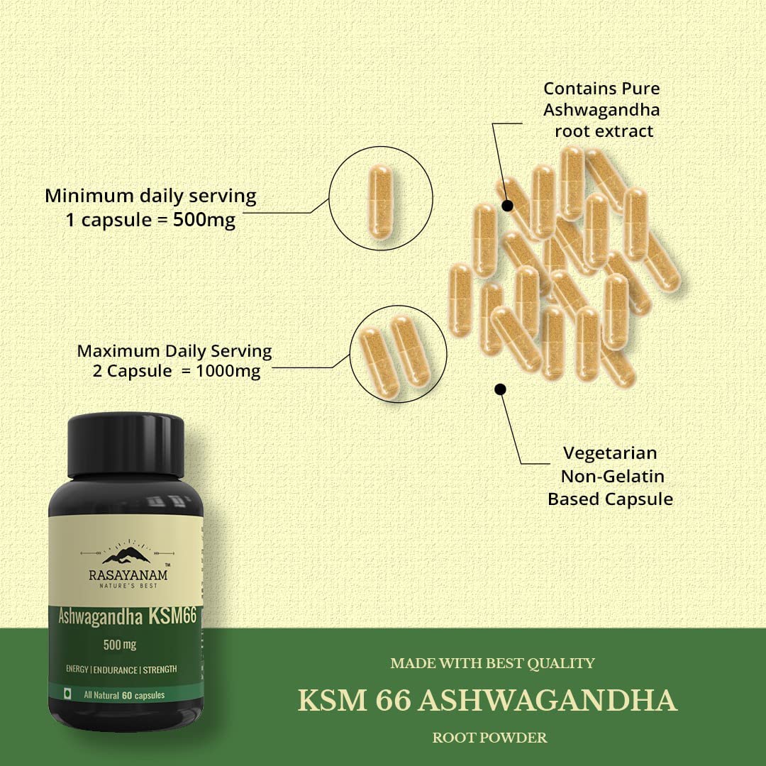 Rasayanam Ashwagandha Ksm-66 500mg Extra Strength Natural Formulation Support Strength & Energy Withania Somnifera Extract | 60 Veg Capsules 100gm 0.2lbs - Image 5