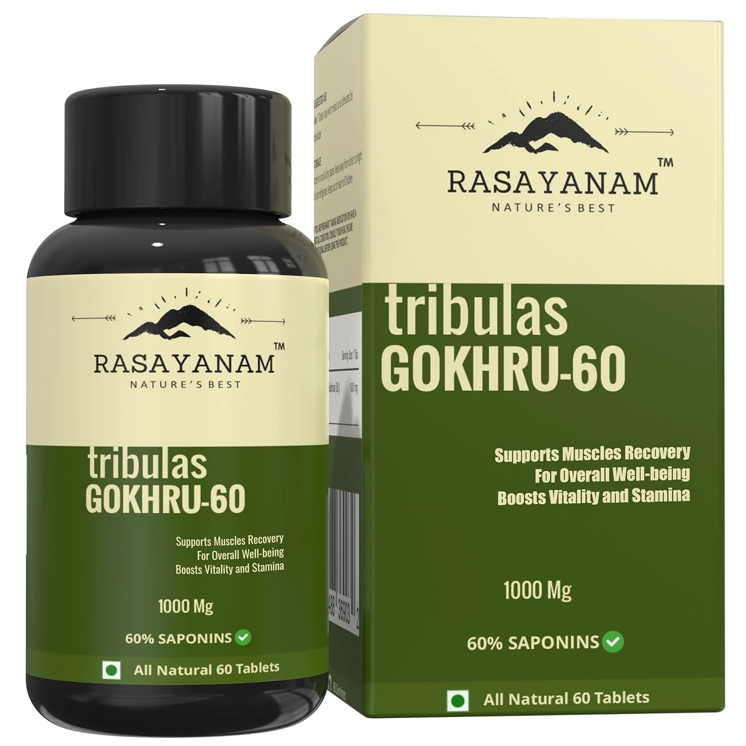Rasayanam Tribulas Gokhru Gokshura Tablets 1000mg Ultra High Concentrated 60% Saponins, Improves Vigour, For Both Men & Women | 60 Tablets 100gm 0.2lbs