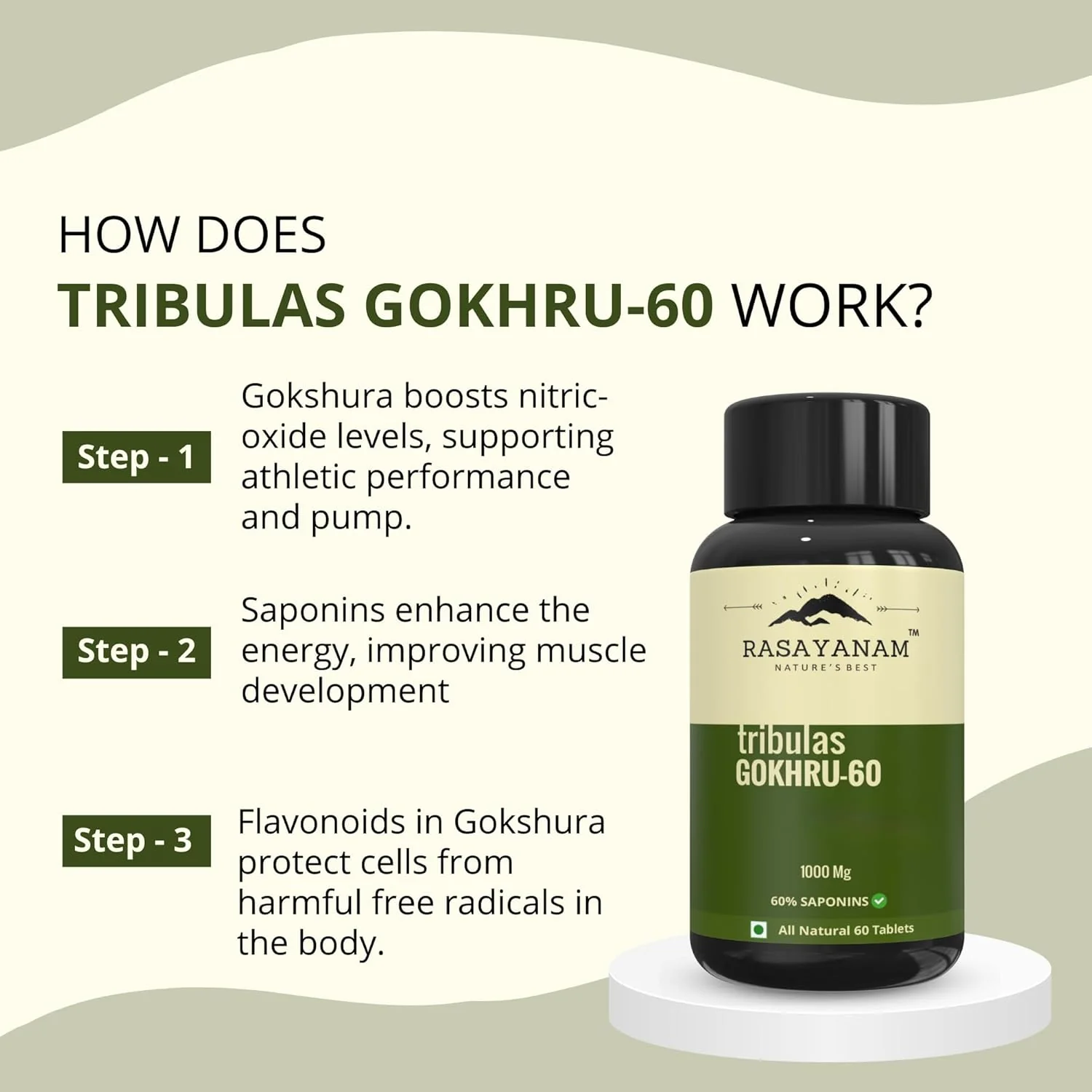 Rasayanam Tribulas Gokhru Gokshura Tablets 1000mg Ultra High Concentrated 60% Saponins, Improves Vigour, For Both Men & Women | 60 Tablets 100gm 0.2lbs Each Pack Of 2 - Image 4