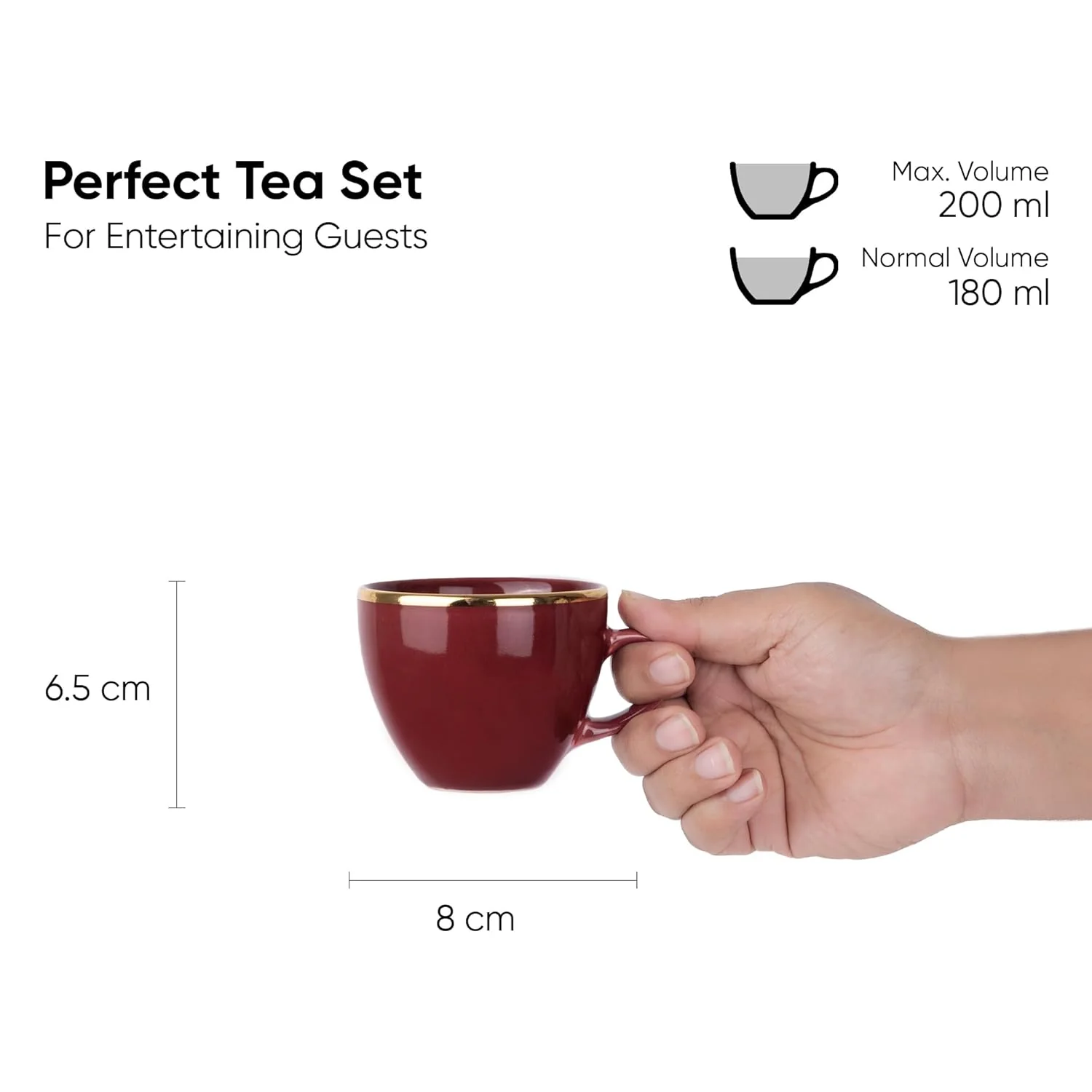 Real Gold Line Ceramic Tea Cups Set Of 6 - Burgundy Gold Line, 200ml Each | Tea Cup Set Of 6 - Premium Ceramic Tea Set With Glossy Finish | Ceramic Tea Cup - Image 4