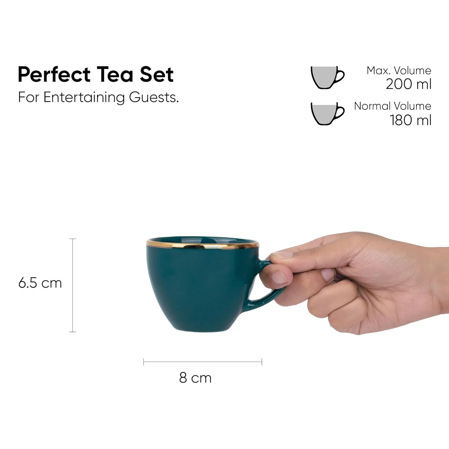 Real Gold Line Ceramic Tea Cups Set Of 6 - Teal Gold Line, 200ml Each | Tea Cup Set Of 6 - Premium Ceramic Tea Set With Glossy Finish | Ceramic Tea Cup - Image 3