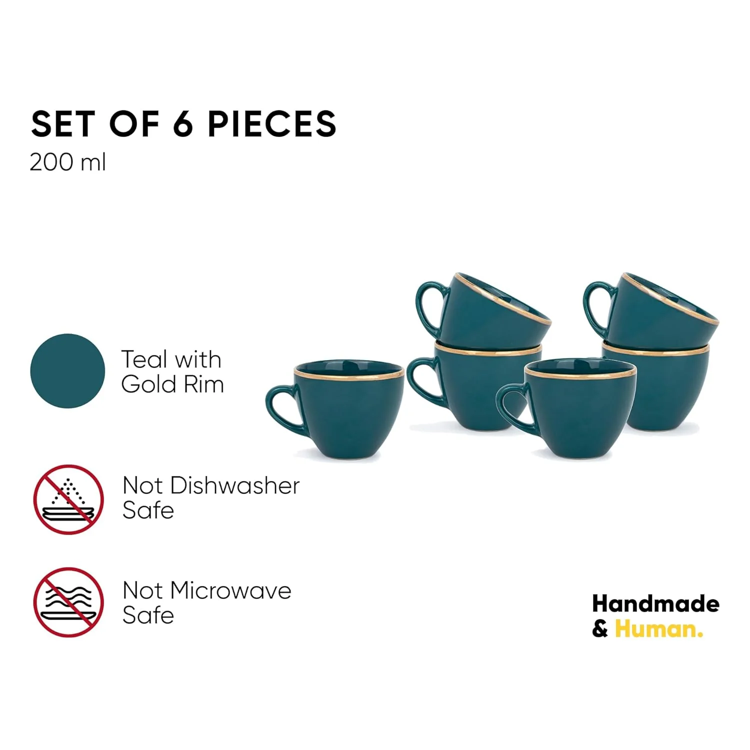 Real Gold Line Ceramic Tea Cups Set Of 6 - Teal Gold Line, 200ml Each | Tea Cup Set Of 6 - Premium Ceramic Tea Set With Glossy Finish | Ceramic Tea Cup - Image 4