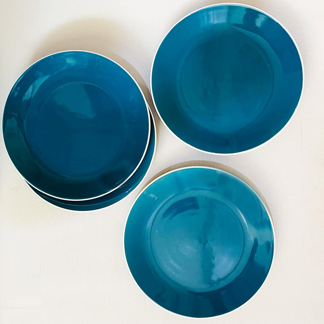 Retro Green Ceramic Dinner Plates Set Of 4 - 10 Inches, 4 Pieces | Handcrafted Full Ceramic Plates For Dinner - Microwave Safe & Dishwasher Safe
