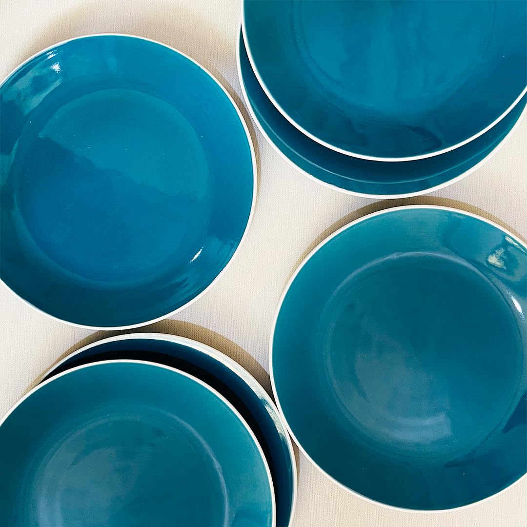 Retro Green Hand Painted Ceramic Dinner Set Of 20 Pieces With Serving Bowls | 6 Dinner Plates + 6 Side Plates+ 6 Katori Bowls, 180ml Each + 2 Serving Bowls, 800ml Each | Serving For 6 - Image 2