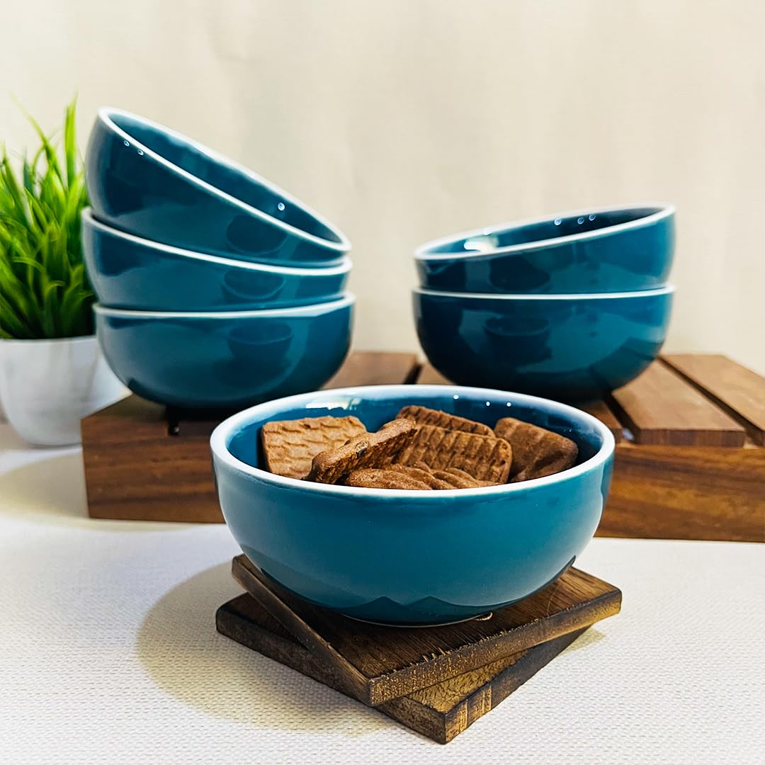 Retro Green Hand Painted Ceramic Dinner Set Of 20 Pieces With Serving Bowls | 6 Dinner Plates + 6 Side Plates+ 6 Katori Bowls, 180ml Each + 2 Serving Bowls, 800ml Each | Serving For 6 - Image 3