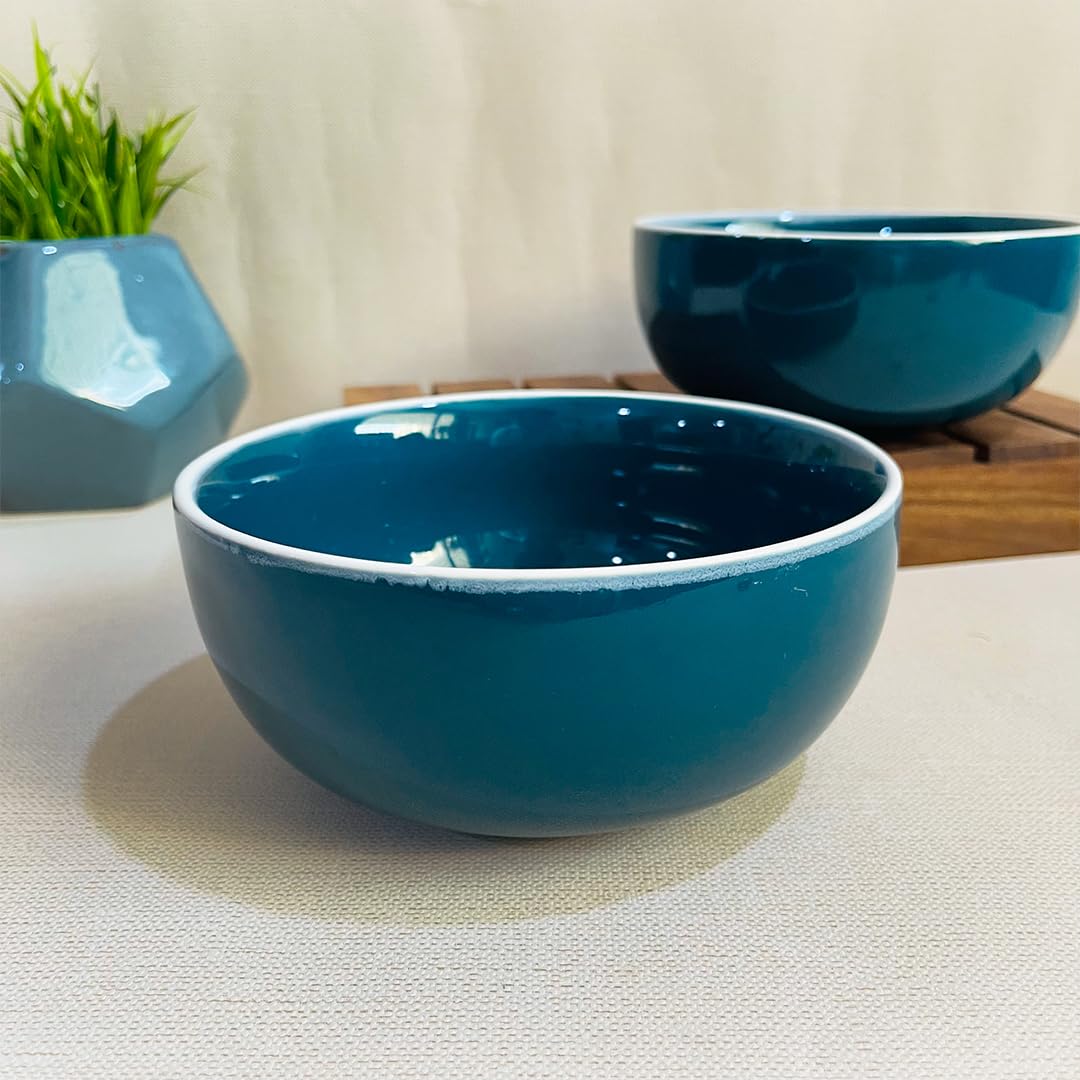Retro Green Hand Painted Ceramic Dinner Set Of 20 Pieces With Serving Bowls | 6 Dinner Plates + 6 Side Plates+ 6 Katori Bowls, 180ml Each + 2 Serving Bowls, 800ml Each | Serving For 6 - Image 4