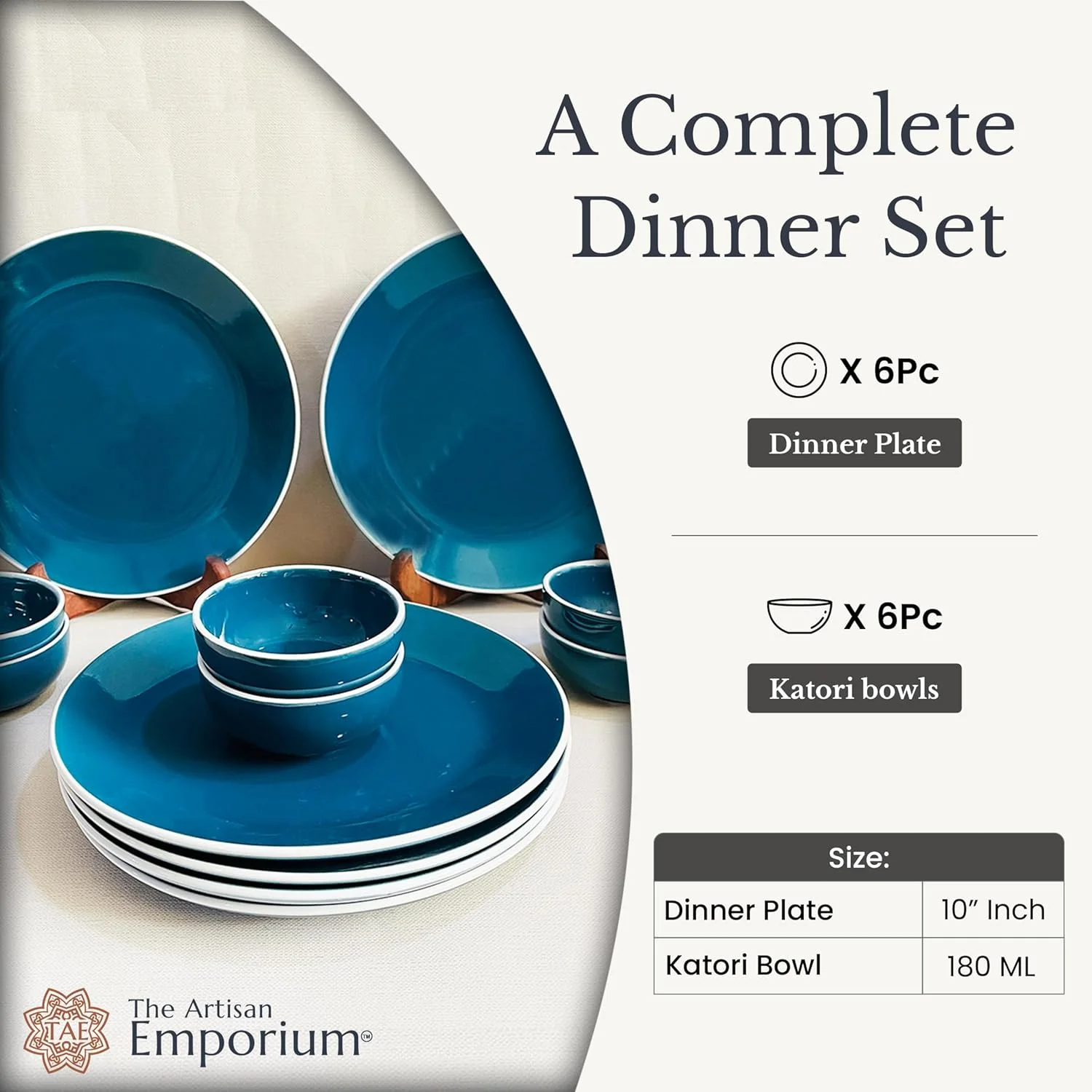 Retro Green Hand Painted Ceramic Dinner Set Of 20 Pieces With Serving Bowls | 6 Dinner Plates + 6 Side Plates+ 6 Katori Bowls, 180ml Each + 2 Serving Bowls, 800ml Each | Serving For 6 - Image 5