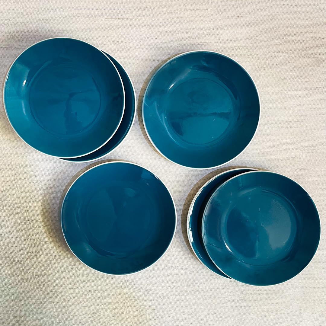 Retro Green Hand Painted Ceramic Quarter Plates Set Of 6 | Small Side Plates For Dinner & Snacks - 7 Inch, 6 Pieces, Microwave Safe