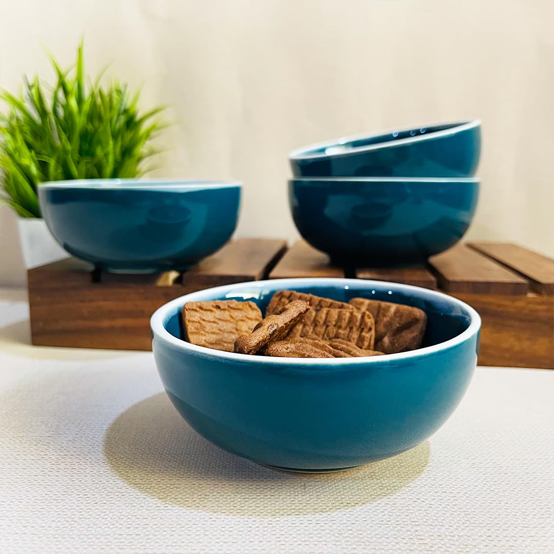 Retro Green Handcrafted Ceramic Dinner Set - 10 Pieces | 4 Dinner Plates + 4 Katori Bowls, 180ml Each+ 2 Serving Bowls, 800ml Each Dinnerware Set | Serving For 4, Microwave Safe - Image 3