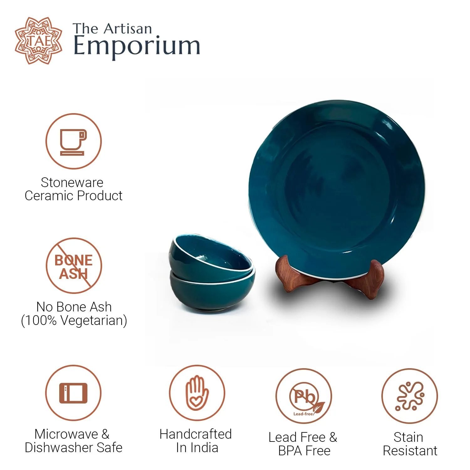 Retro Green Handcrafted Ceramic Dinner Set - 18 Pieces | 6 Dinner Plates + 6 Katori Bowls, 180ml Each+ 6 Quarter Plates Dinnerware Set | Serving For 6, Microwave Safe & Dishwasher Safe - Image 4