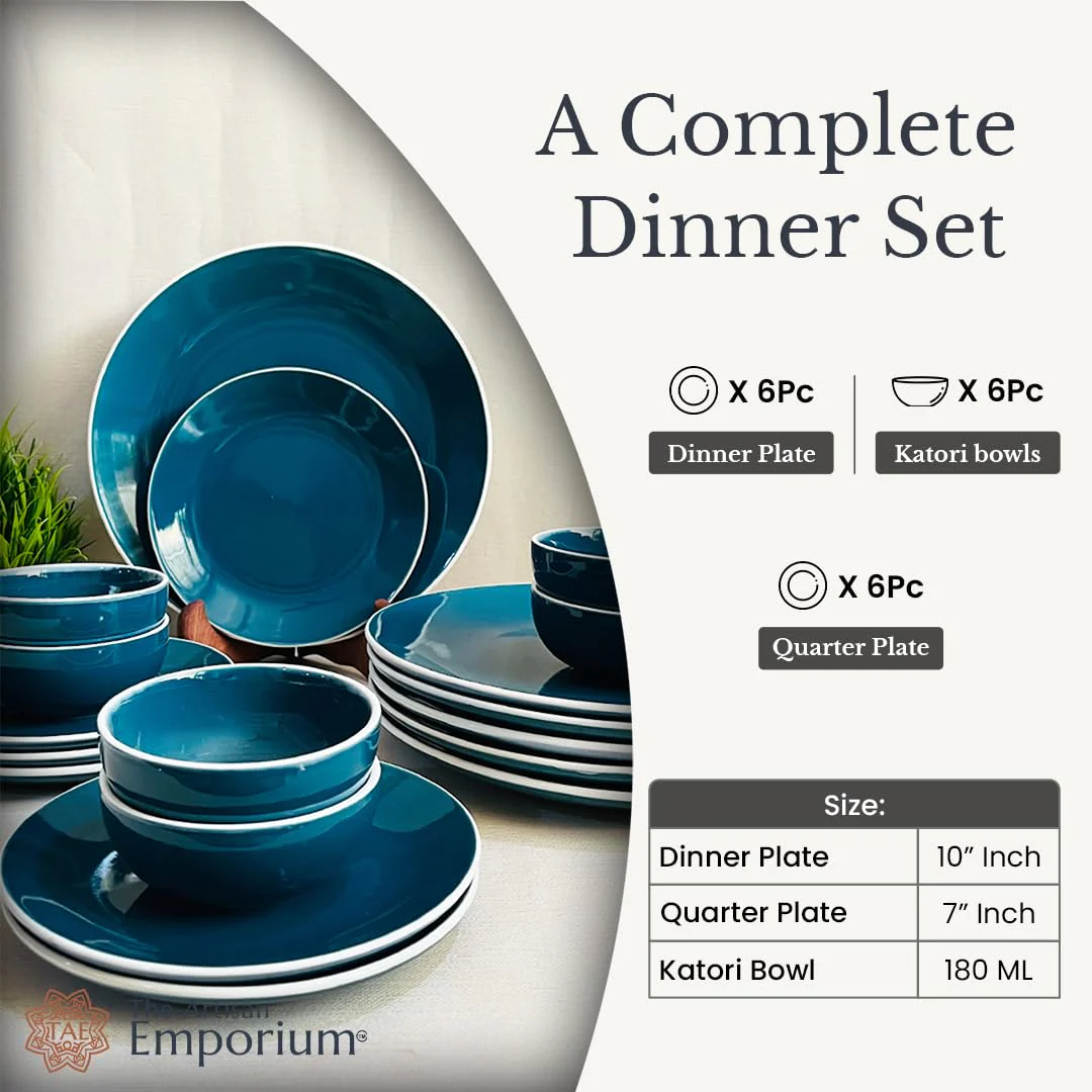 Retro Green Handcrafted Ceramic Dinner Set - 18 Pieces | 6 Dinner Plates + 6 Katori Bowls, 180ml Each+ 6 Quarter Plates Dinnerware Set | Serving For 6, Microwave Safe & Dishwasher Safe - Image 5