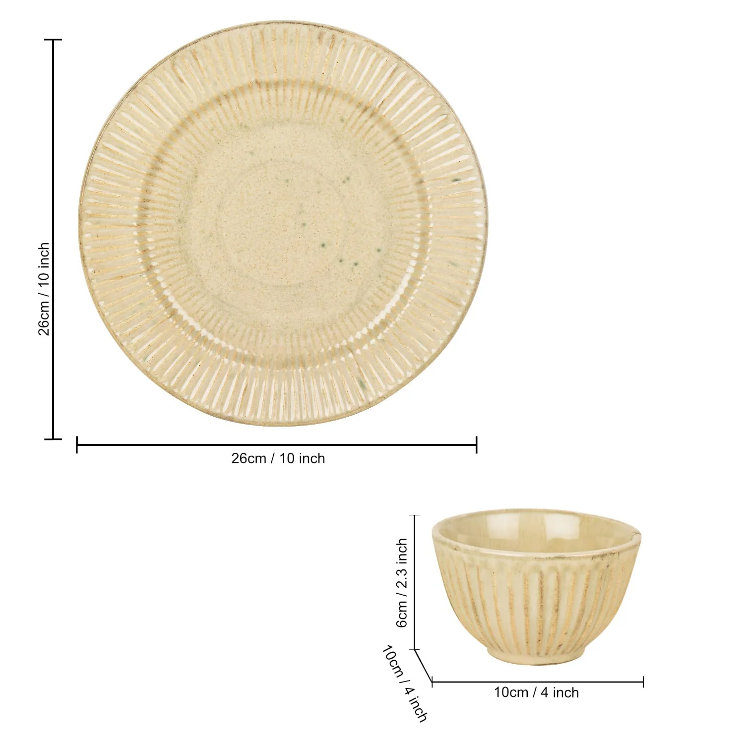 Ribbed Ceramic Dinner Serving 2 Plates With 4 Dinner Bowls Set Of 6 - Ivory, Plate Diameter: 10 Inches - Dazzling Riviera - Image 5