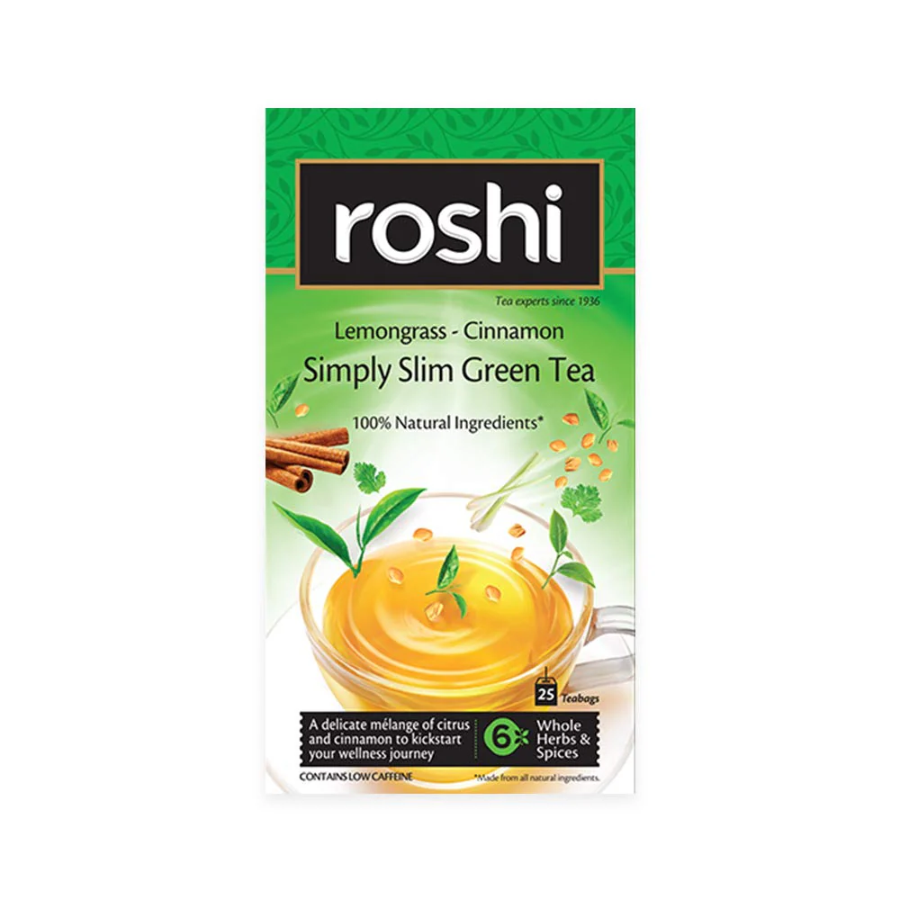 Roshi Lemongrass Cinnamon Simply Slim Green Tea - 25 Tea Bags | Good For Belly Fat Loss & Fitness Regime - 100% Natural Ingredients | Low Caffeine