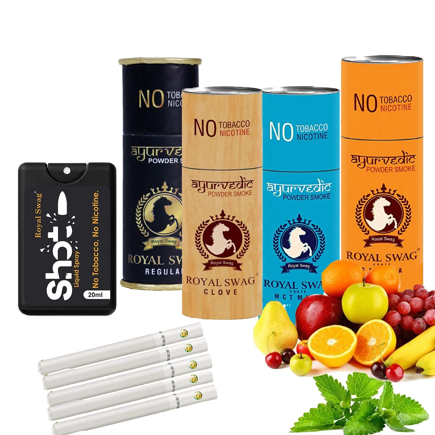 Royal Swag Ayurvedic Herbal Cigarettes 100% Tobacco & Nicotine Free Regular, Clove, Frutta, Mint Flavour (5 Sticks Each) With 20ml Shot Anti Addication Spray | (Pack Of 20) - Image 2