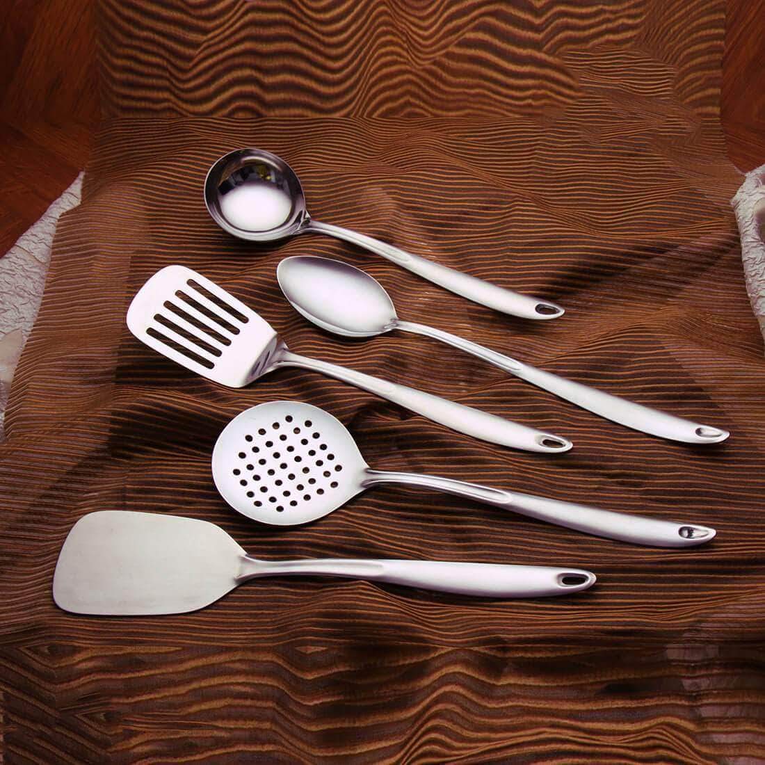 Ruby High Grade Stainless Steel Kitchen Tools Pack Of 5, Silver | 1 Basting Spoon Solid+ 1 Ladle+ 1 Turner Solid+ 1 Skimmer+ 1 Turner Slotted - Image 3