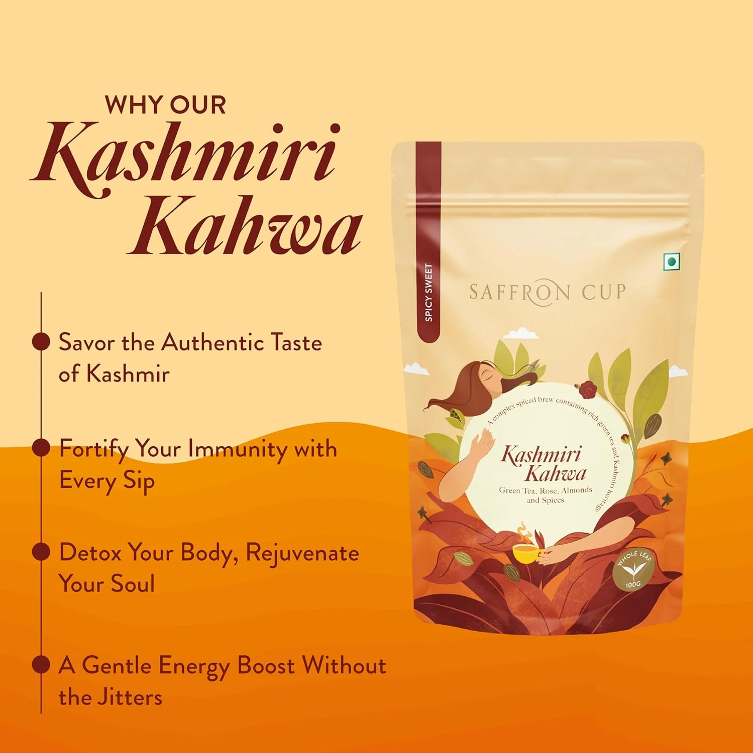 Saffron Cup Kashmiri Kahwa Green Tea - 100gm, 3.5 Ounce | Infused Green Tea With Cardamom, Rose Petals, Cinnamon & Almonds - 100% Natural, Rich In Antioxidants | Low Caffeine, Airtight Zip Lock Pouch - Image 3