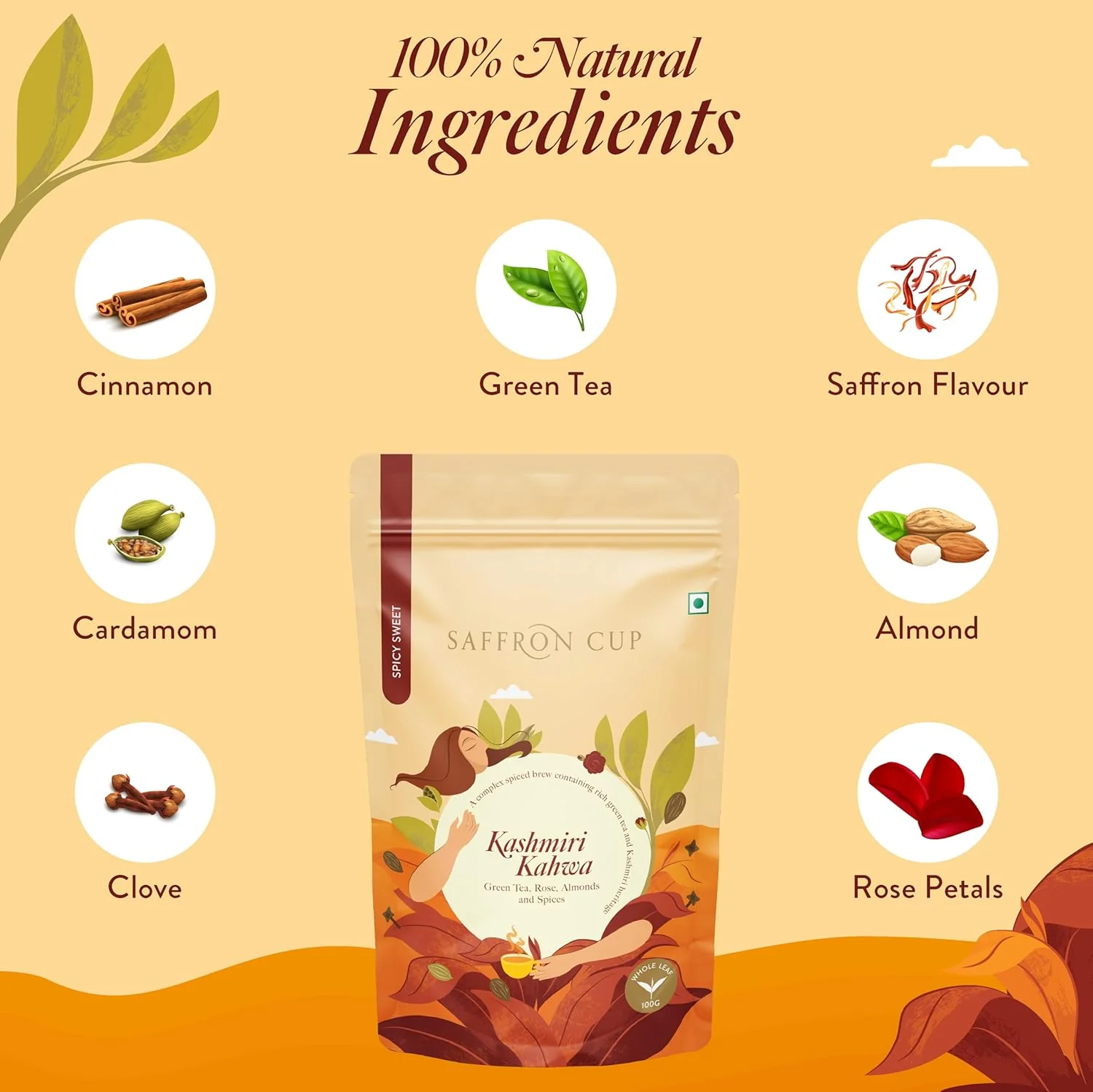 Saffron Cup Kashmiri Kahwa Green Tea - 100gm, 3.5 Ounce | Infused Green Tea With Cardamom, Rose Petals, Cinnamon & Almonds - 100% Natural, Rich In Antioxidants | Low Caffeine, Airtight Zip Lock Pouch - Image 4