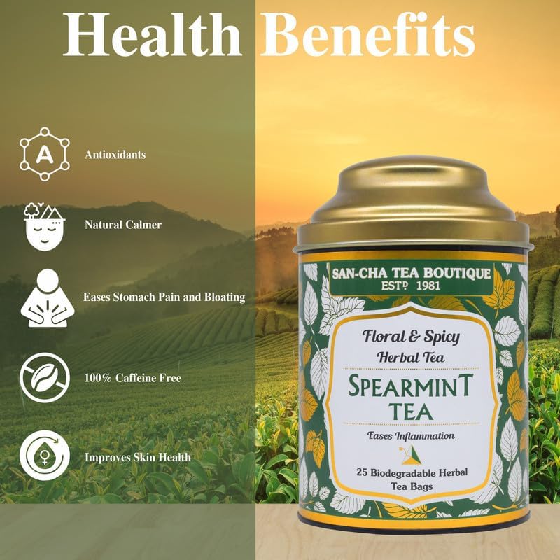 San-Cha Floral & Spicy Spearmint Herbal Tea - 25 Biodegradable Herbal Tea Bags | Herbal Tea For PCOS & PCOD - Eases Stomach Pain & Bloating | Caffeine Free - Image 3