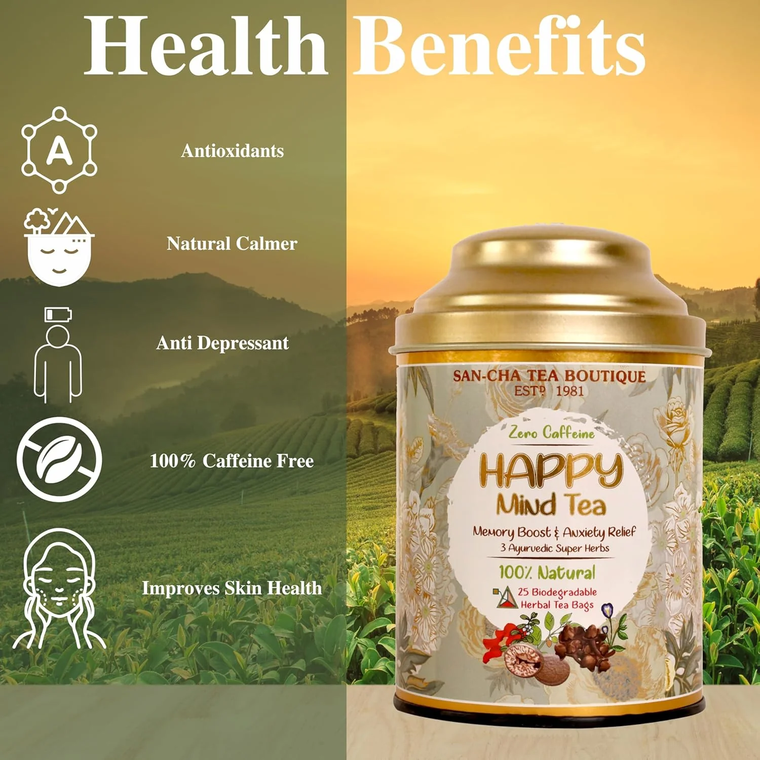 San-Cha Happy Mind Herbal Tea - 25 Biodegradable Herbal Tea Bags | Boosts Memory & Relieves Anxiety - Zero Caffeine | 3 Ayurvedic Super Herbs - Image 5