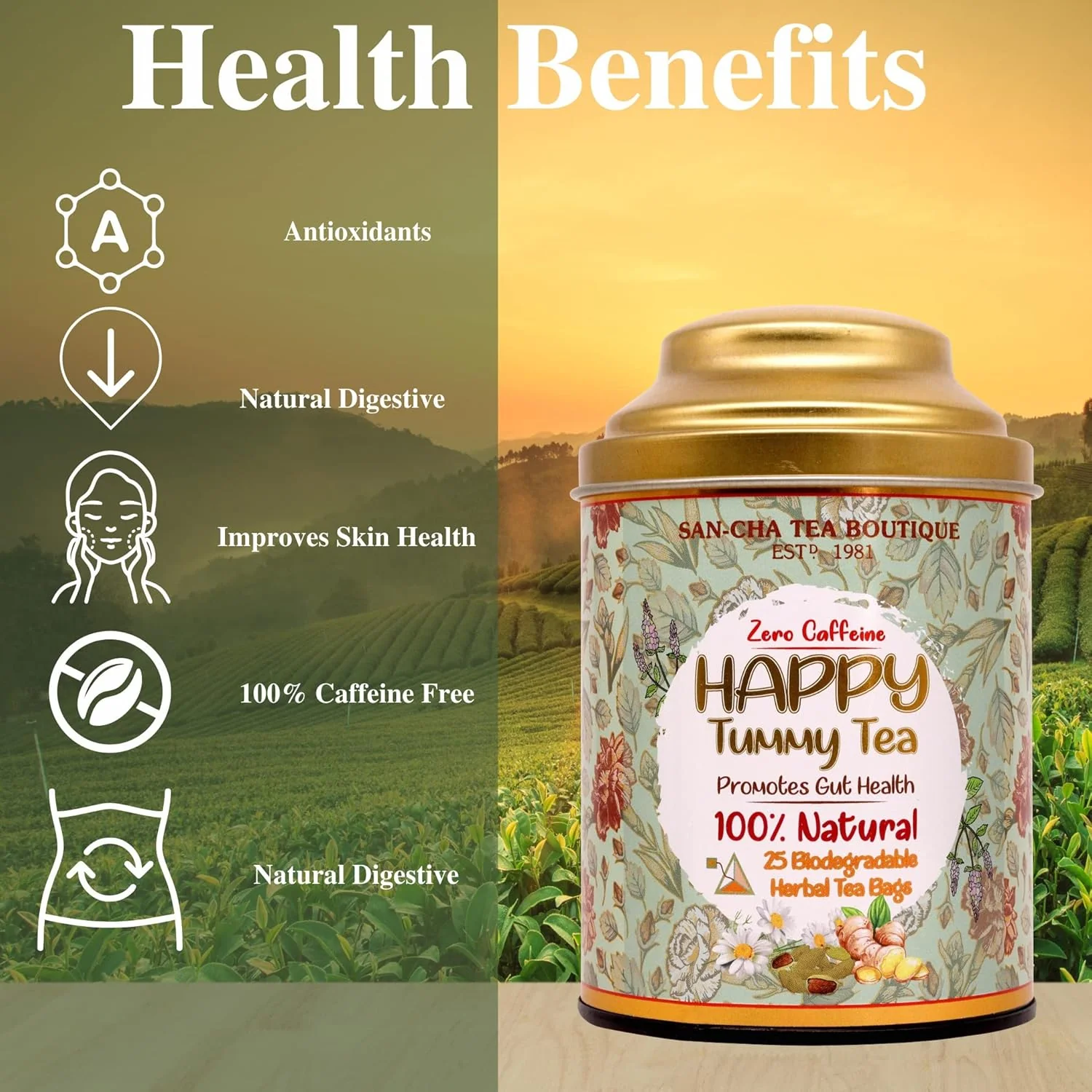 San-Cha Happy Tummy Herbal Tea - 25 Biodegradable Herbal Tea Bags | Promotes Gut Health - Zero Caffeine | Digestive Tea - Image 5
