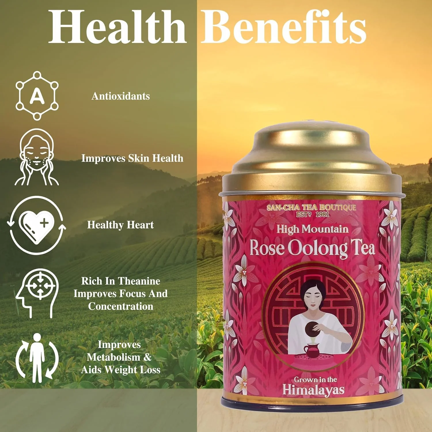 San-Cha Pure High Mountain Rose Oolong Tea - 50gm, 1.7 Ounce, 150 Cups+ | Improves Skin Health, Aids Weight Loss - Low Caffeine Loose Leaves Himalayan Tea - Image 4