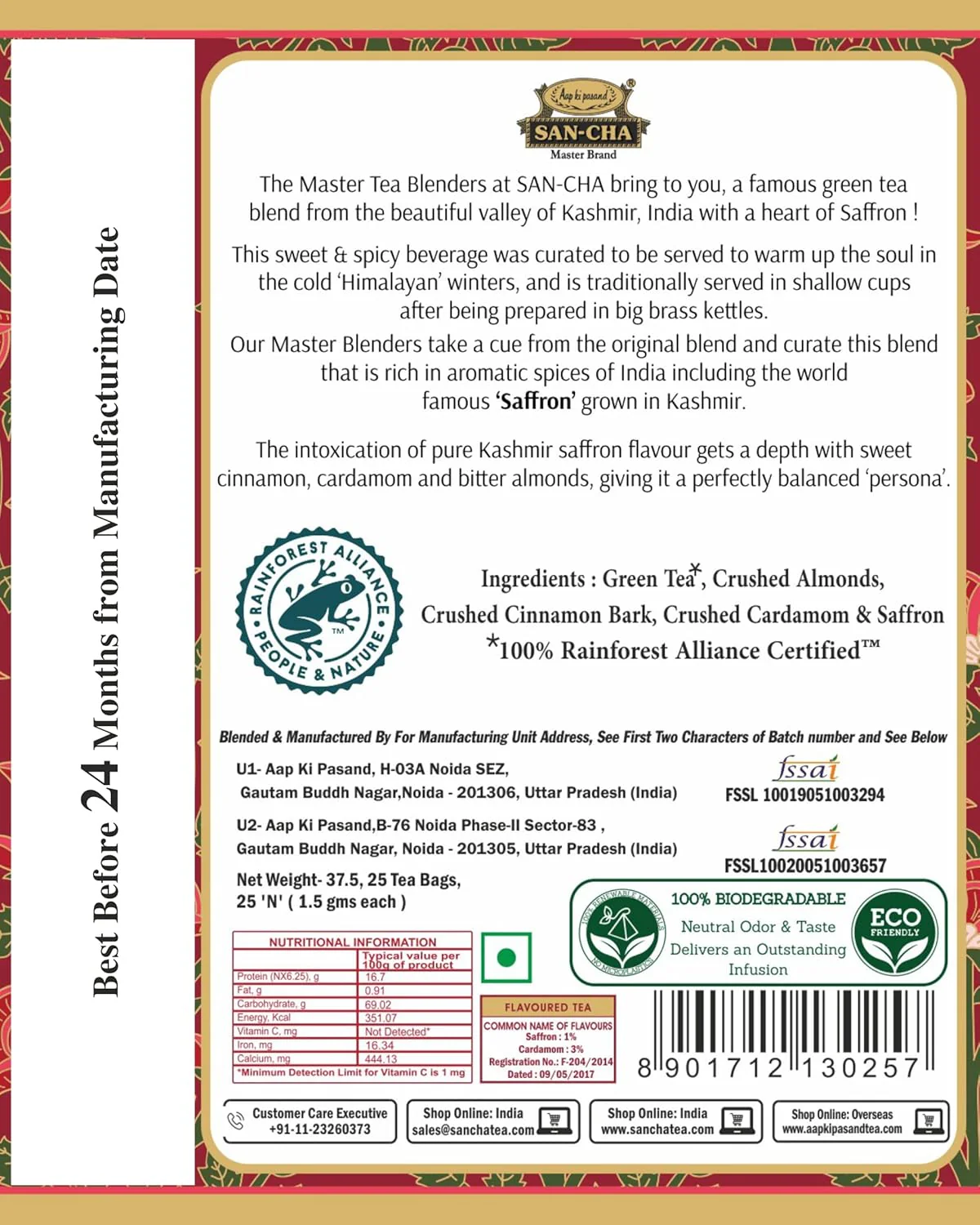 San-Cha Royal Saffron Kashmiri Kahwah Green Tea - 25 Silky Tea Bags | Blended With Real Kashmir Saffron & Almonds - Environment Friendly & Made In Corn Fiber | Low Caffeine - Image 2