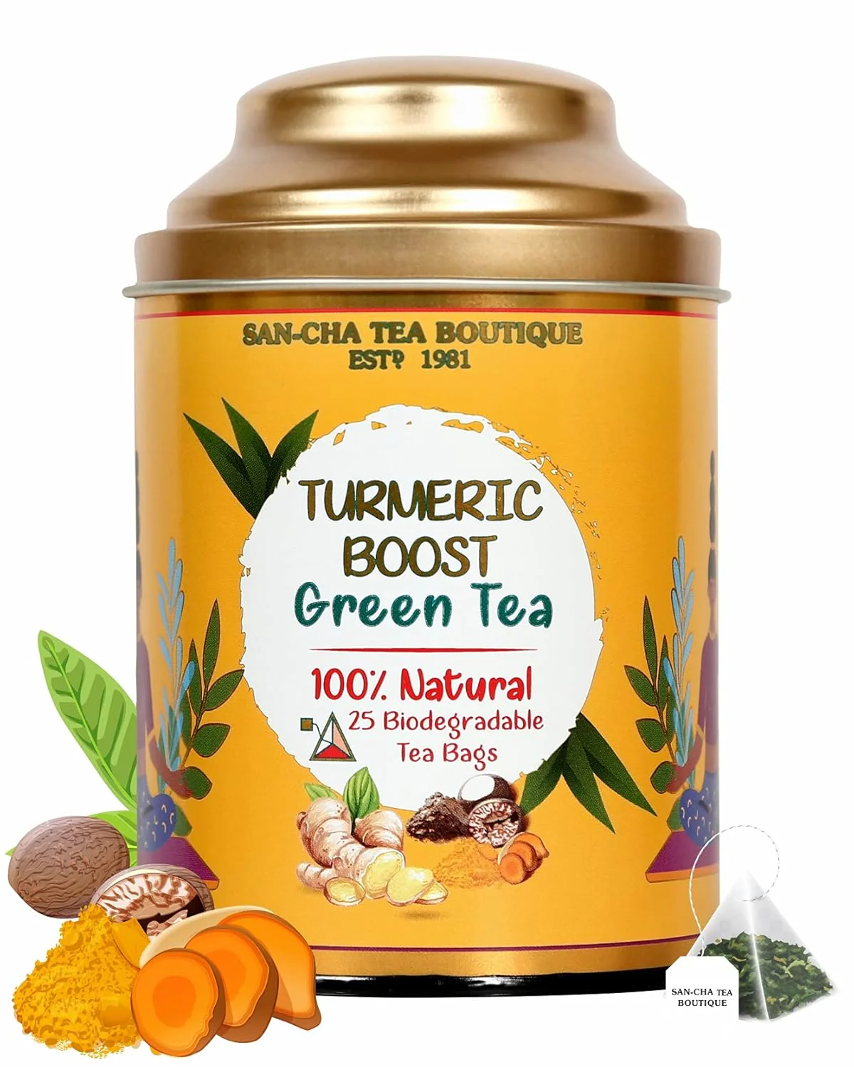 San-Cha Turmeric Boost Green Tea - 25 Biodegradable Tea Bags | Blended With Curcumin Rich Turmeric - Environment Friendly & Made In Corn Fiber | Low Caffeine - Image 4