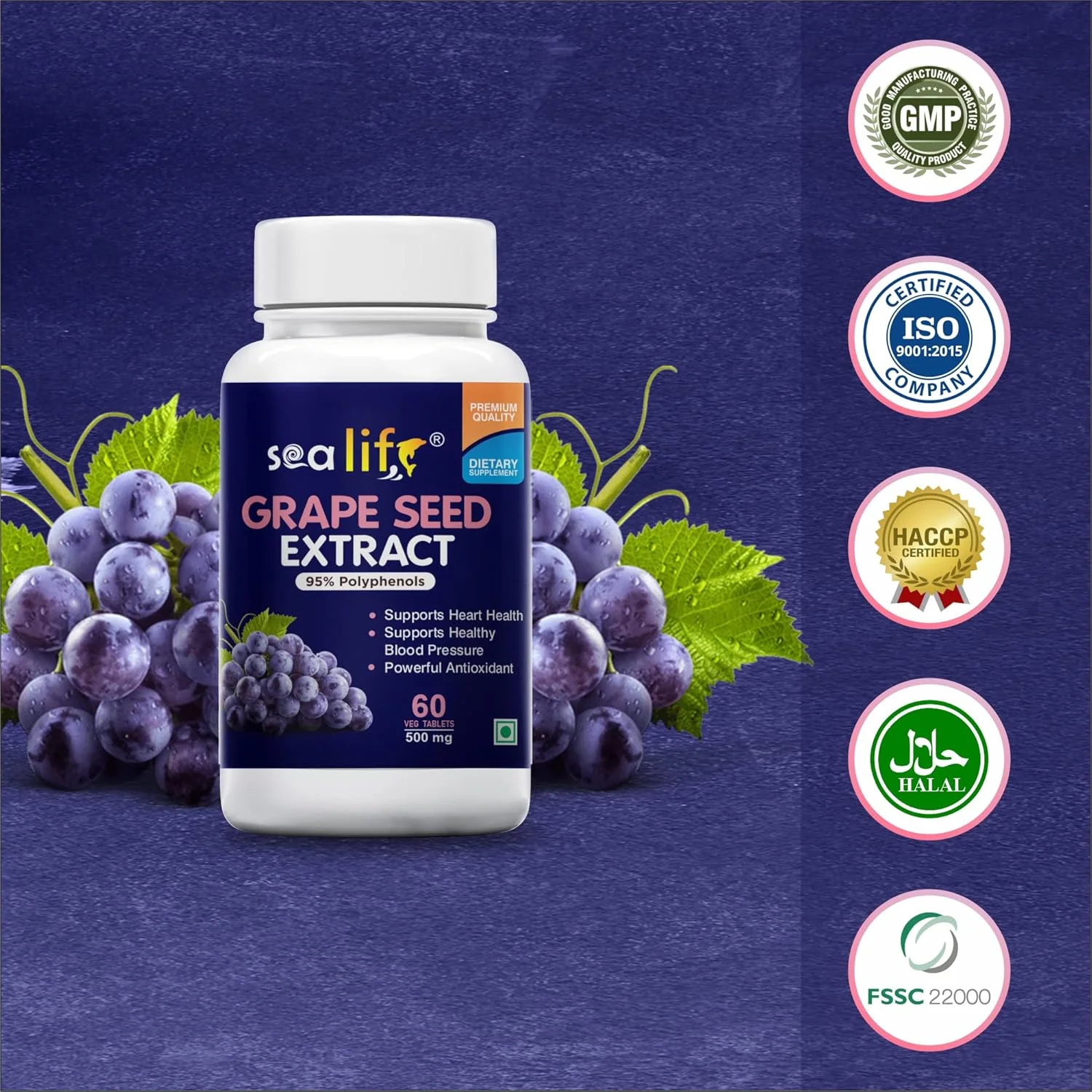 Sea Life Grape Seed Extract 500mg Antioxidant Supplement Strengthens Immunity, Helps Fight Infections, Promotes Healthy Skin And Hair For Women & Men | 60 Tablets 100gm 0.2lbs - Image 4