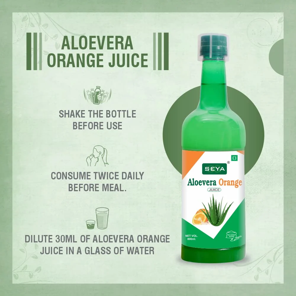 Seya Aloevera Orange Flavour Juice, No Added Sugar, Used For Skin Problems, Antioxidants, Weight Management, Ayurvedic Immunity Booster, Good For Digestive Health | 800ml 1.7lbs - Image 3