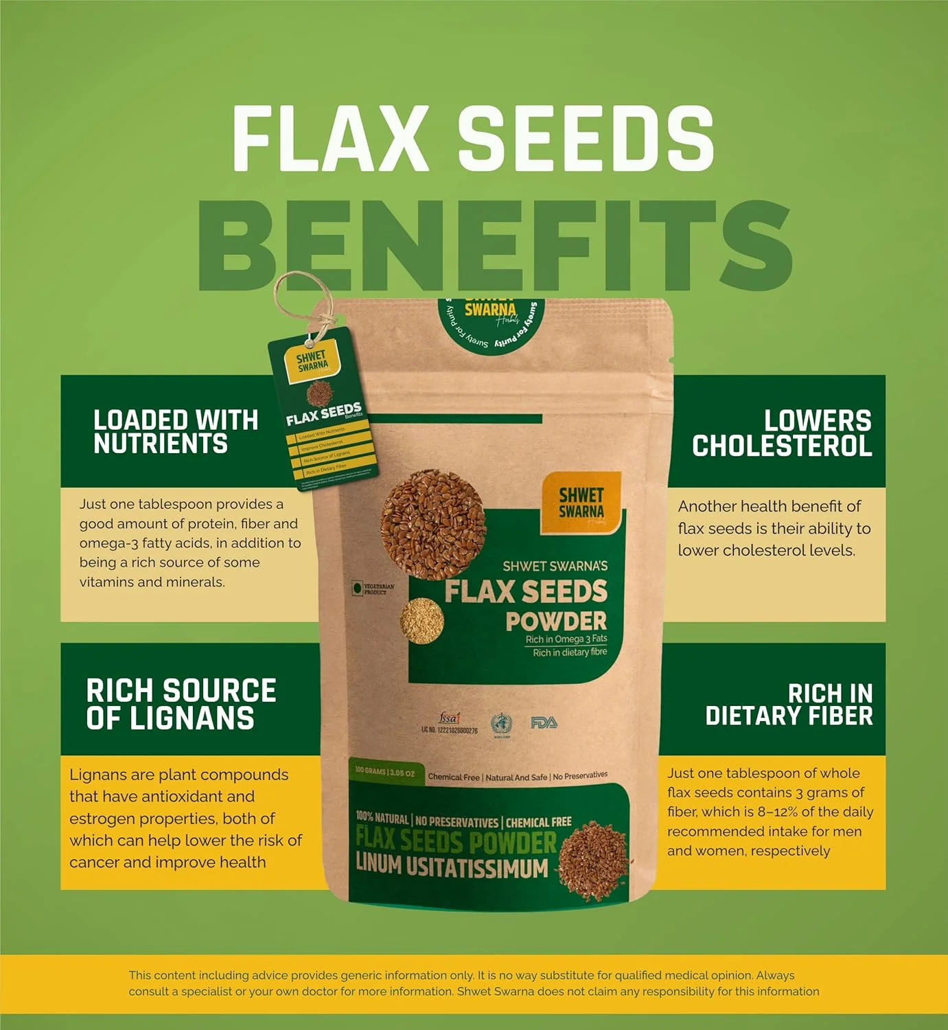 Shwet Swarna Pure Natural Flax Seeds Alsi Herbal Ayurvedic Health Supplement Product, 100% Vegetarian, Natural & Chemical Free | 100gm 0.2lbs - Image 3