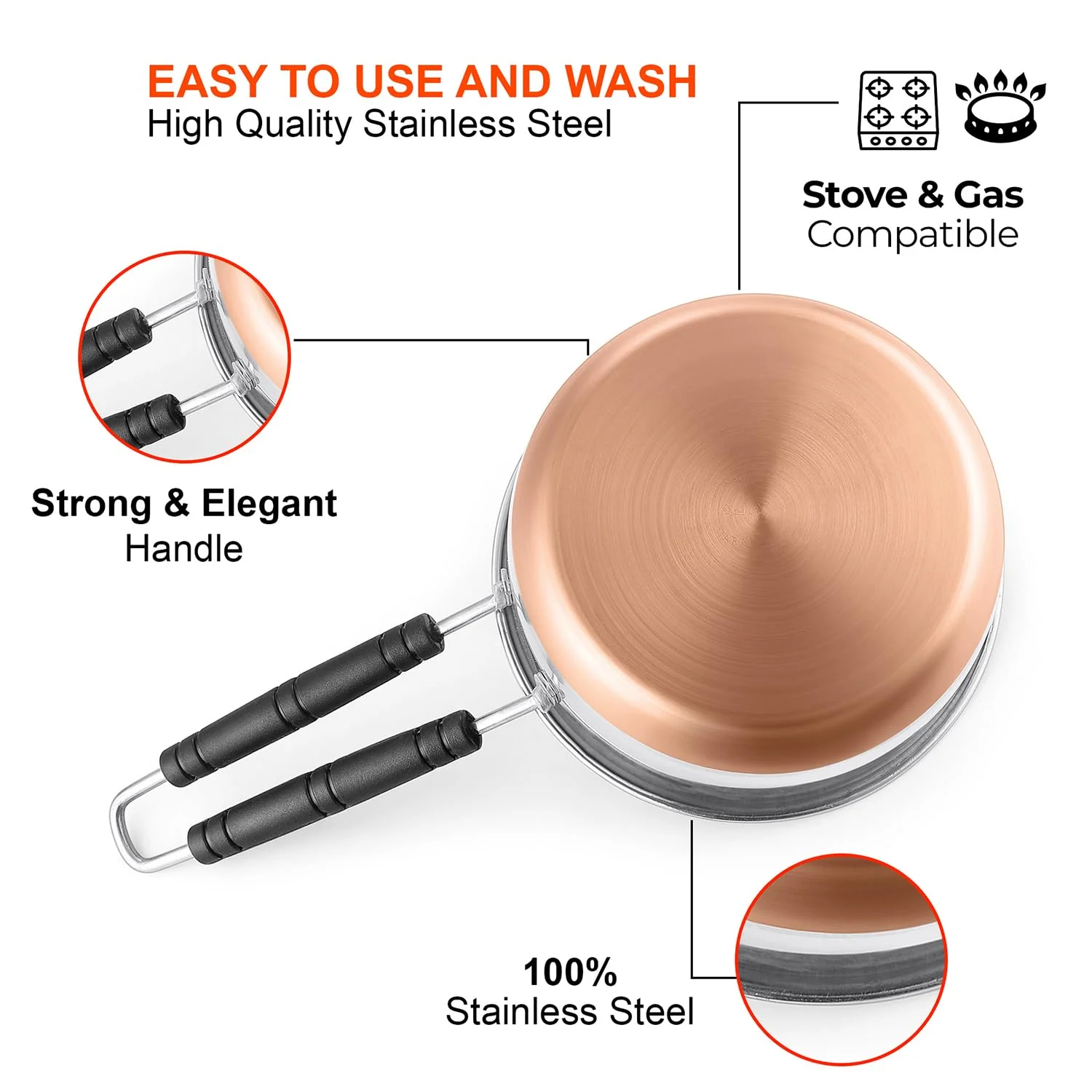 Silver Stainless Steel Copper Bottom Gas Stove, Flat Base Sauce Pan With Handle | Tea Pan, Milk Pan, Tapeli Patila, Sauce Pot Cookware With Handle, 2200ml - Image 3