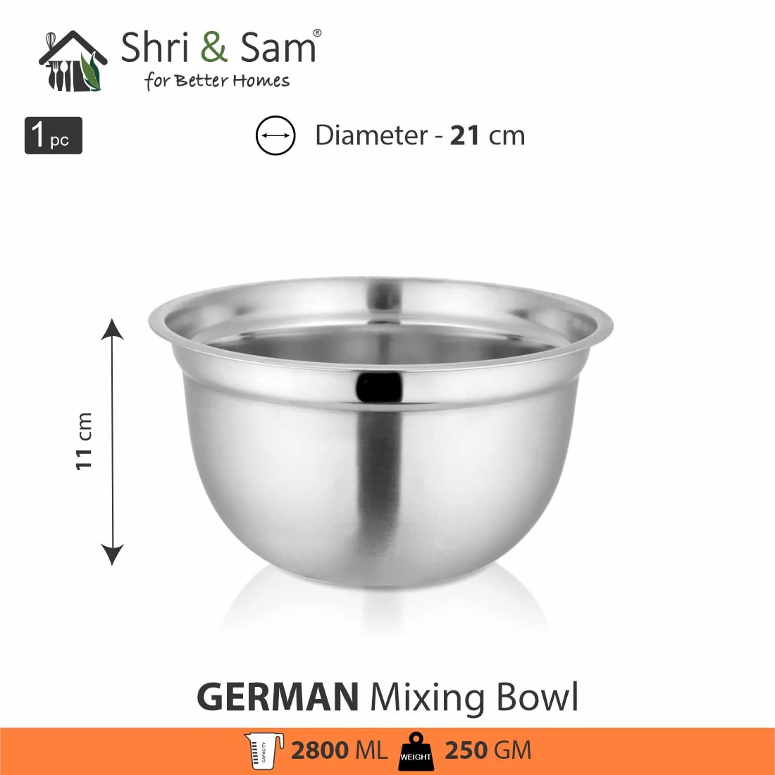 Silver Stainless Steel German Mixing Bowl - 21cm, 2800ml | Dishwasher Safe & Rust Free - Image 3