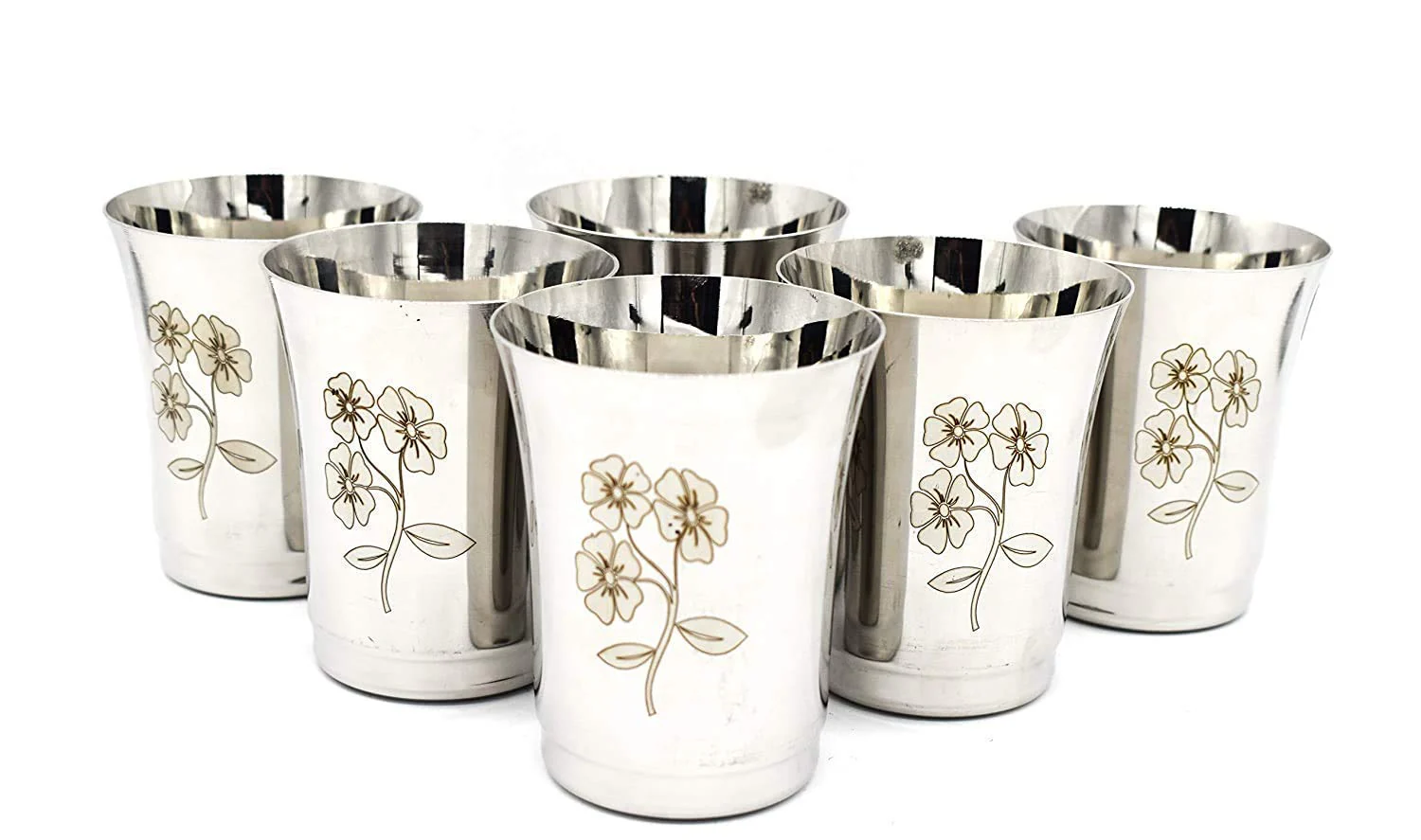 Silver Stainless Steel Glass Set - Tableware Drinkware Set, 400ml Capacity Each, Set Of 6 | Beautiful Floral Design - Image 2