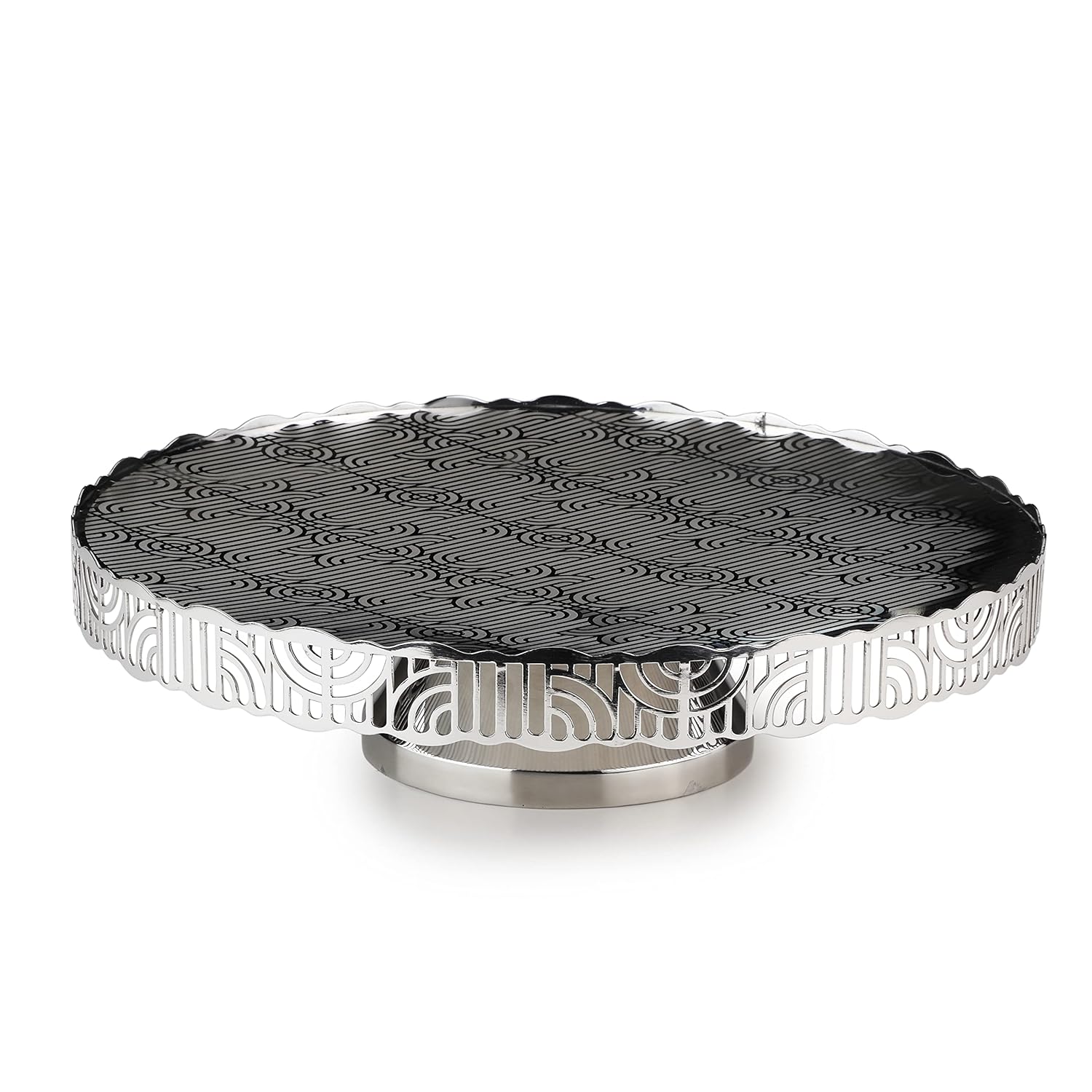 Silver Stainless Steel Round Serving Platter - Deco Lattice Series | Premium Mirror Finish, Multipurpose Cupcake Bruschetta Crostini Dessert Platter With Stand | Serve Ware - Image 2