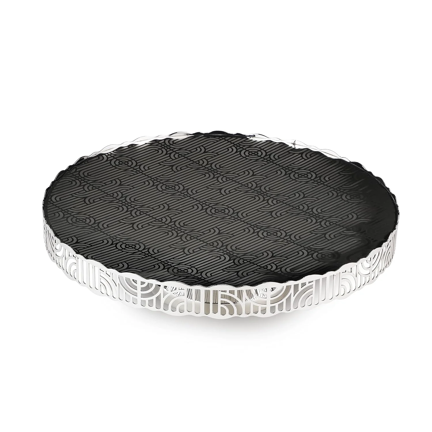 Silver Stainless Steel Round Serving Platter - Deco Lattice Series | Premium Mirror Finish, Multipurpose Cupcake Bruschetta Crostini Dessert Platter With Stand | Serve Ware - Image 3