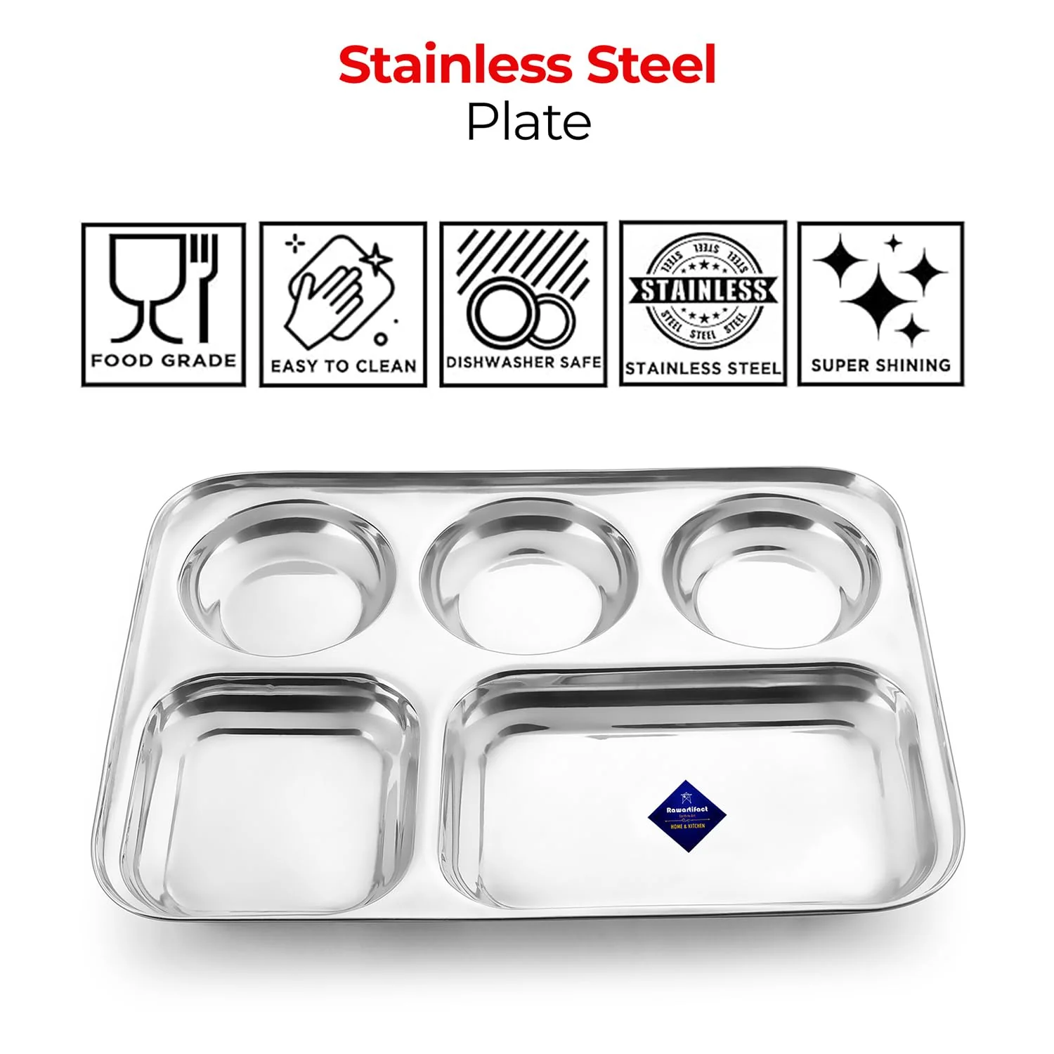 Silver Stainless Steel Square Dinner Partition Plate With 3-5 Sections Divided | Mess Trays For Adults Lunch, Pav Bhaji Plate, Camping, Events - Image 6