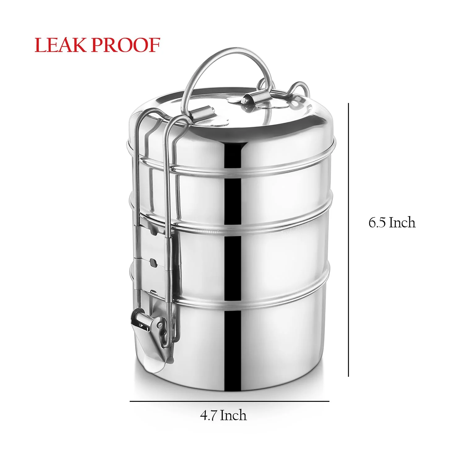 Silver Stainless Steel Tiffin Storage Container With Lid & Classic Lock 3-Tier | Lunch Box For Office, College, School - Air Tight & Leakproof - Image 5