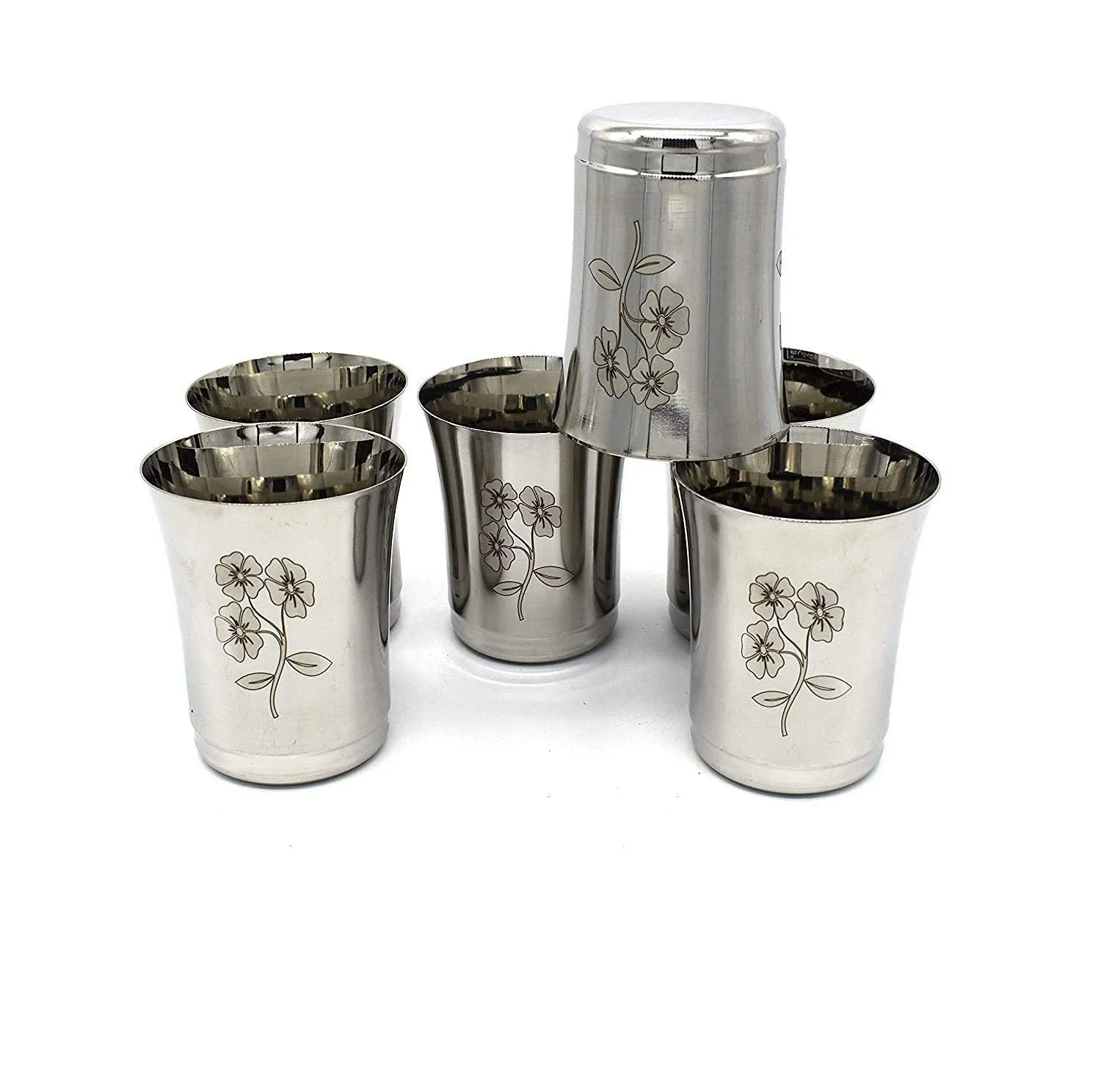 Silver Stainless Steel Water Glasses Set Of 6 - 350ml Each | Tableware Juice Glasses - Floral Design, Drinkware Glasses Set - Image 3