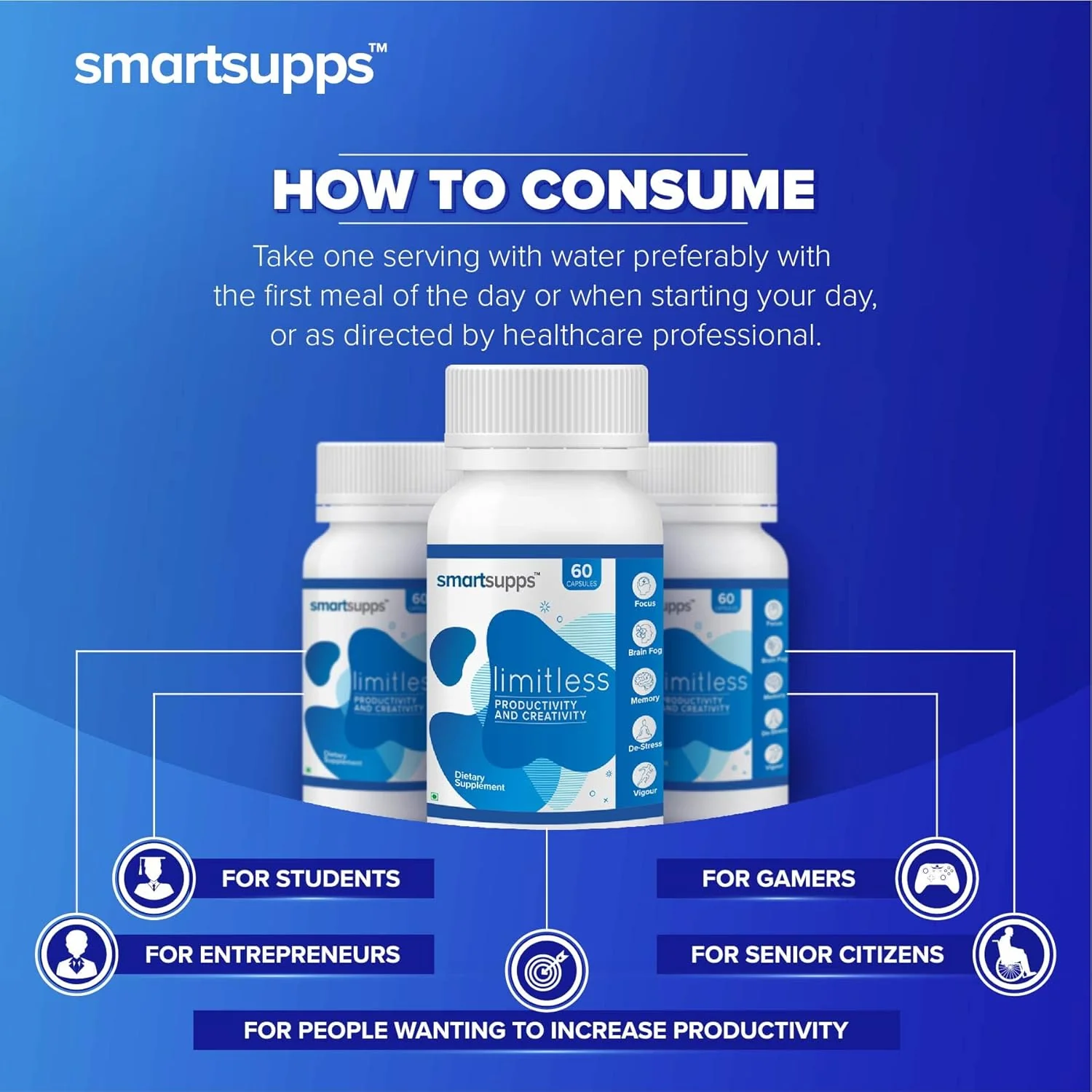 Smartsupps Limitless Energy, Mental Focus, Brain Power Nootropic Formula Added Herbs 1200mg, Korean Ginseng, Ashwagandha, Bacopa Monnieri, Ginko Biloba, Vitamin B12 | 60 Capsules 100gm 0.2lbs - Image 4