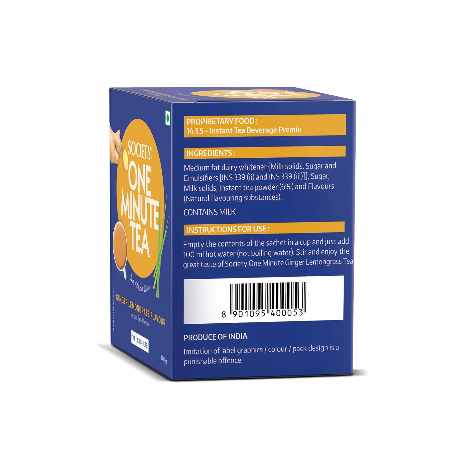 Society One Minute Tea Ginger Lemongrass Flavor Instant Tea Premix 14gm X 20 Sachets - 280gm, 9.8 Ounce, Pack Of 2 | Made With Lemongrass & Ginger - Low Caffeine Chai Patti | Flavored Instant Tea - Image 2