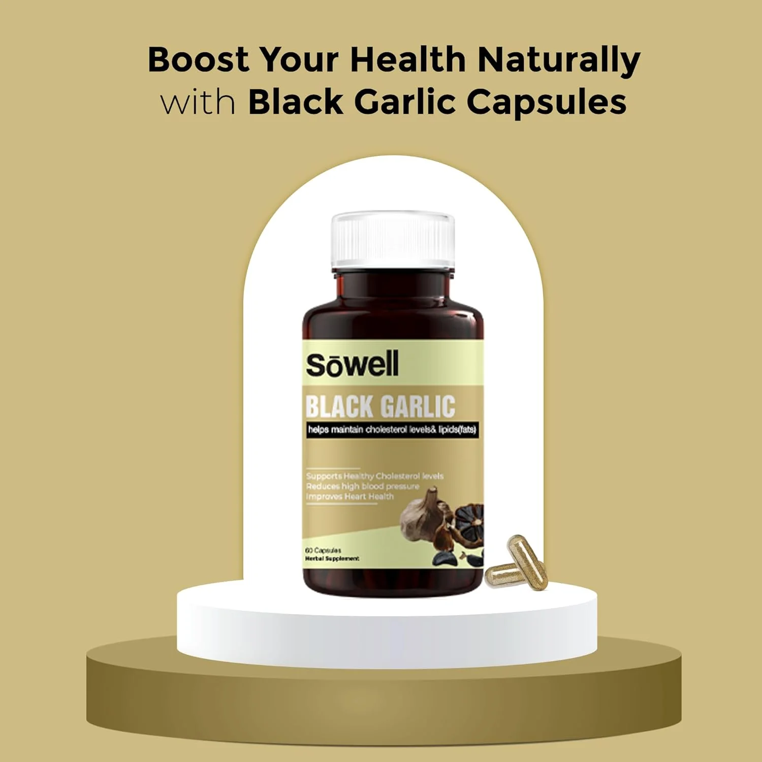 Sowell Black Garlic Herbal Supplement Immune Support, Antioxidant Formula, Boosts Immune Function With Potent Antioxidants | 60 Capsules 100gm 0.2lbs - Image 3