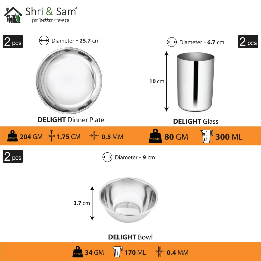 Stainless Steel Delight Solid Dinner Set Of 12 Pieces, Silver | 2 Dinner Plates+ 2 Glasses+ 2 Bowls+ 2 Pudding Bowls+ 2 Dessert Spoons+ 2 Tea Spoons - Image 3