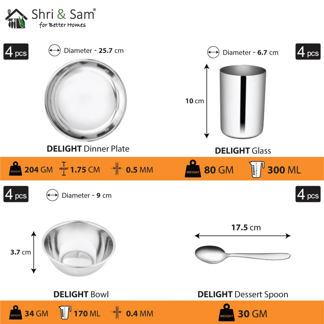 Stainless Steel Delight Solid Dinner Set Of 16 Pieces, Silver | 4 Dinner Plates+ 4 Glasses+ 4 Bowls+ 4 Dessert Spoons - Easy To Clean & Dishwasher-Safe - Image 3